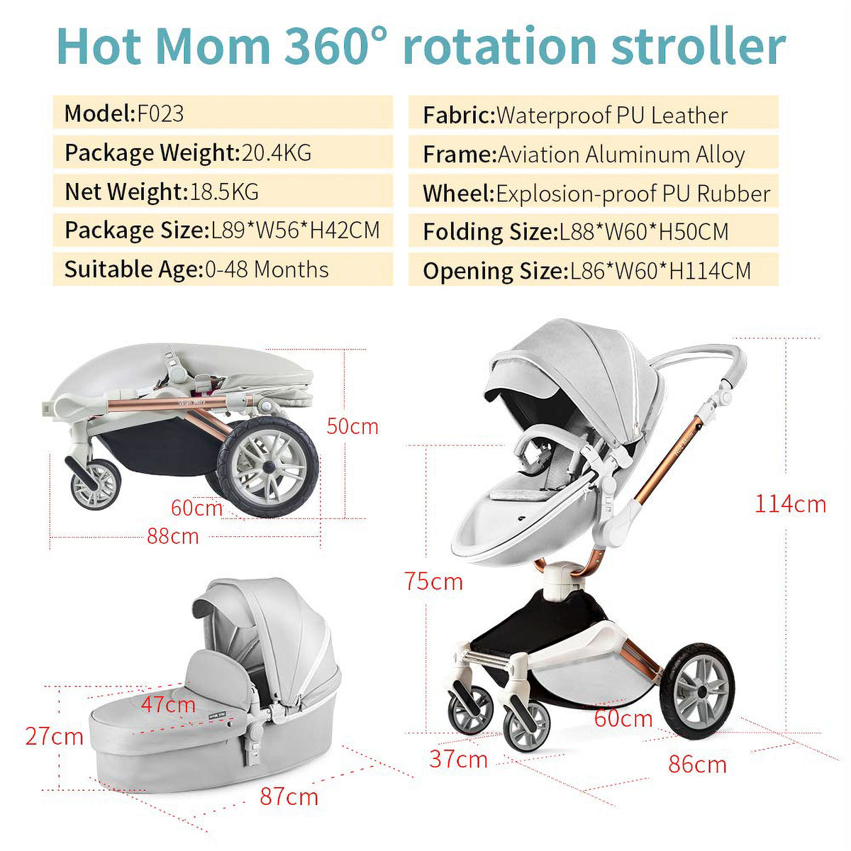 Hot Mom 360 Degree Rotating Baby Carriage Leather Pushchair Pram Stroller, Grey - VMInnovations