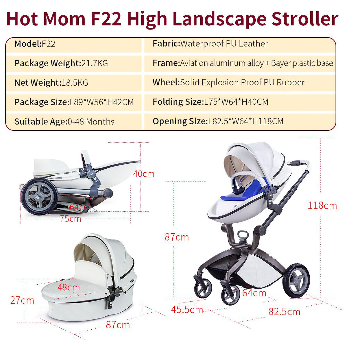 Hot Mom 360 Degree Rotating Baby Carriage High Landscape Pram Stroller, White - VMInnovations