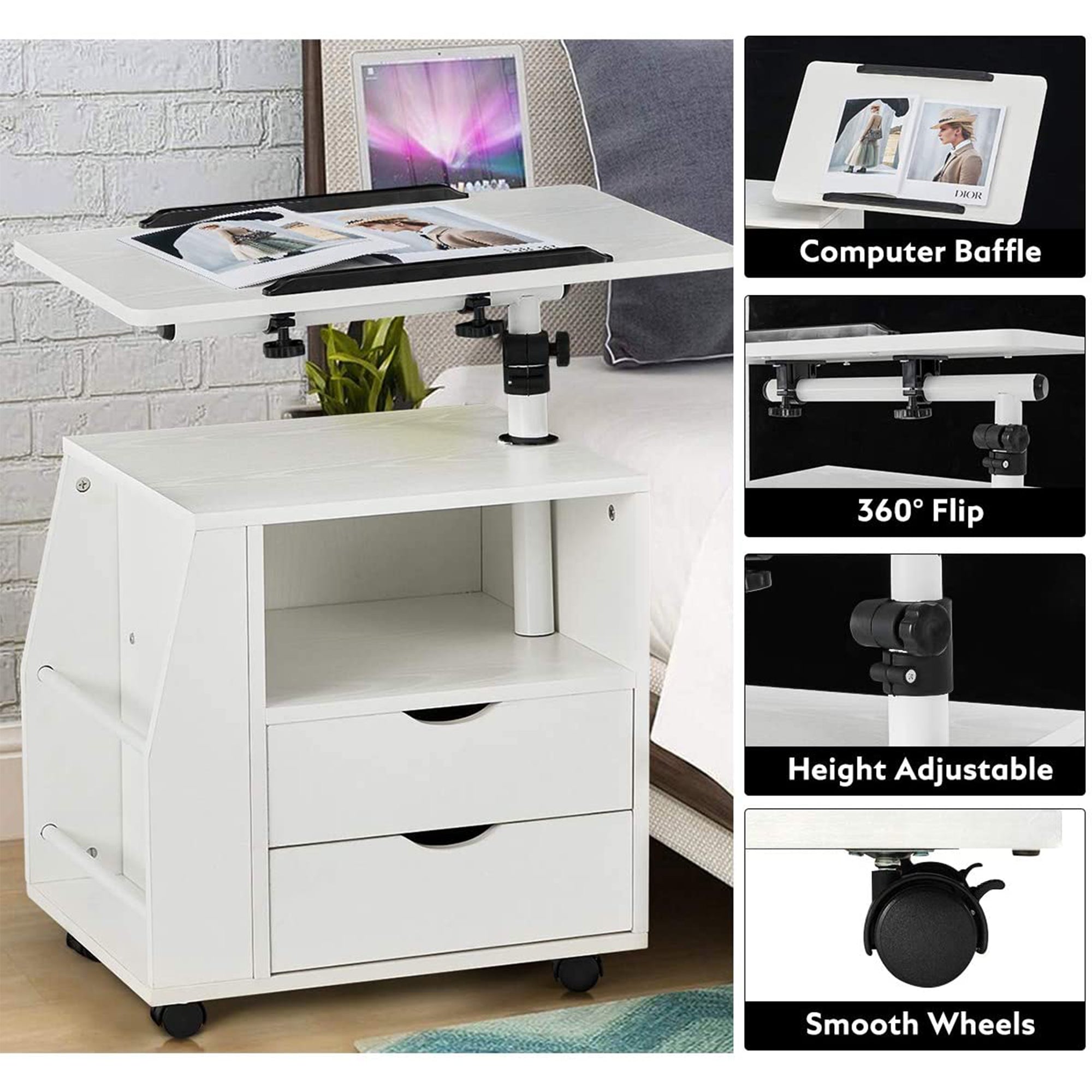 EROMMY Swivel Top Adjustable Height Bedside End Table w/Storage Drawers, White - VMInnovations