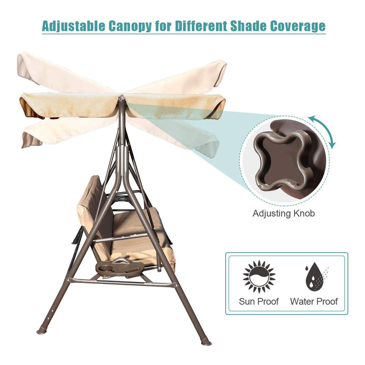 GOLDSUN 3 Person Swing Hammock w/Utility Tray, Removable Cushion & Canopy, Beige - VMInnovations