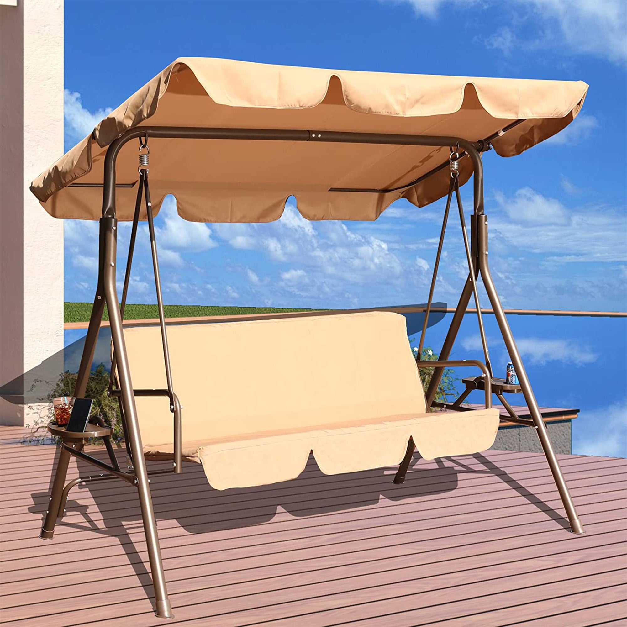 GOLDSUN 3 Person Swing Hammock Utility Tray, Cushion & Canopy, Beige (Open Box) - VMInnovations
