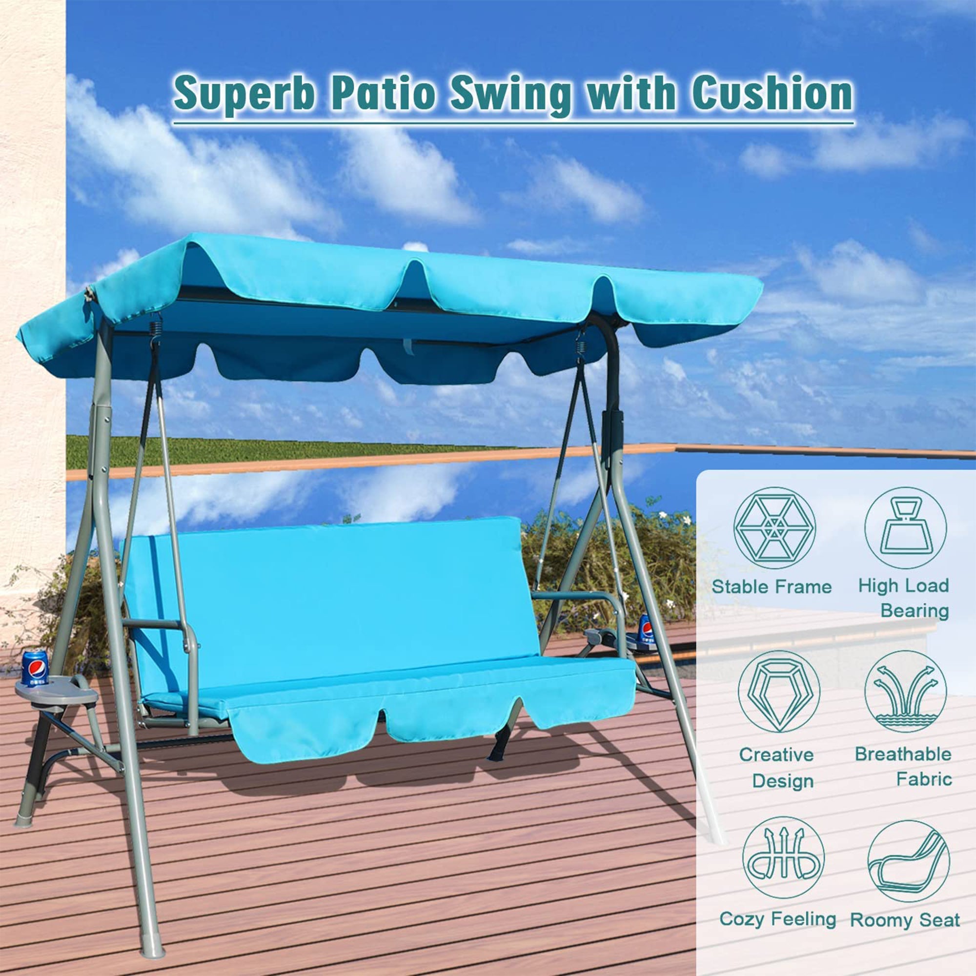 GOLDSUN 3 Person Swing w/Utility Tray, Removable Cushion & Canopy, (Used) - VMInnovations