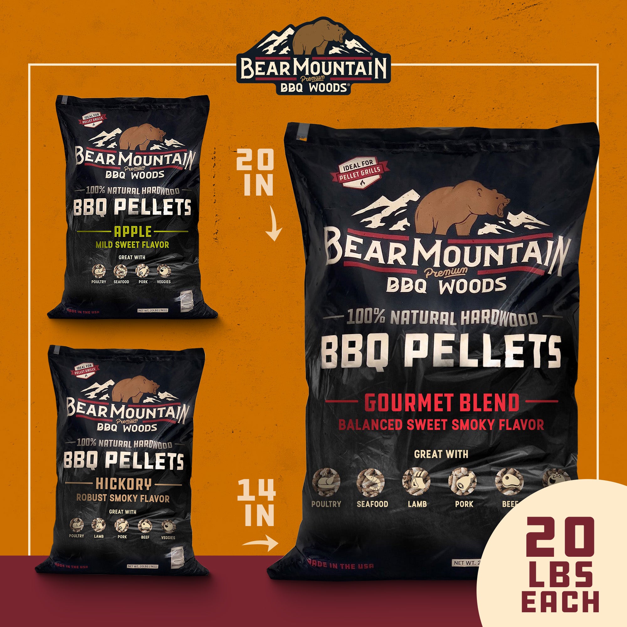 Bear Mountain BBQ Hardwood Gourmet Blend, Hickory, & Apple Pellets, 20 Lb Bags - VMInnovations