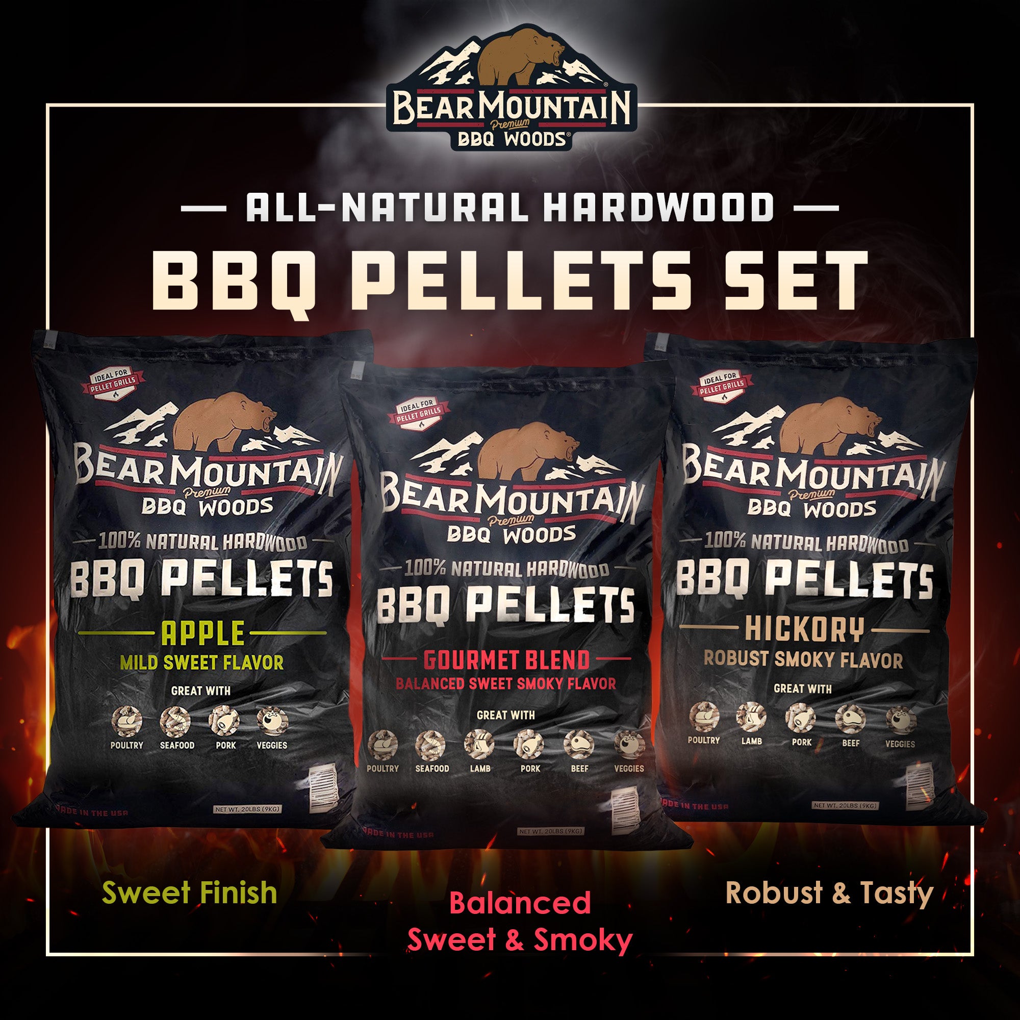Bear Mountain BBQ Hardwood Gourmet Blend, Hickory, & Apple Pellets, 20 Lb Bags - VMInnovations