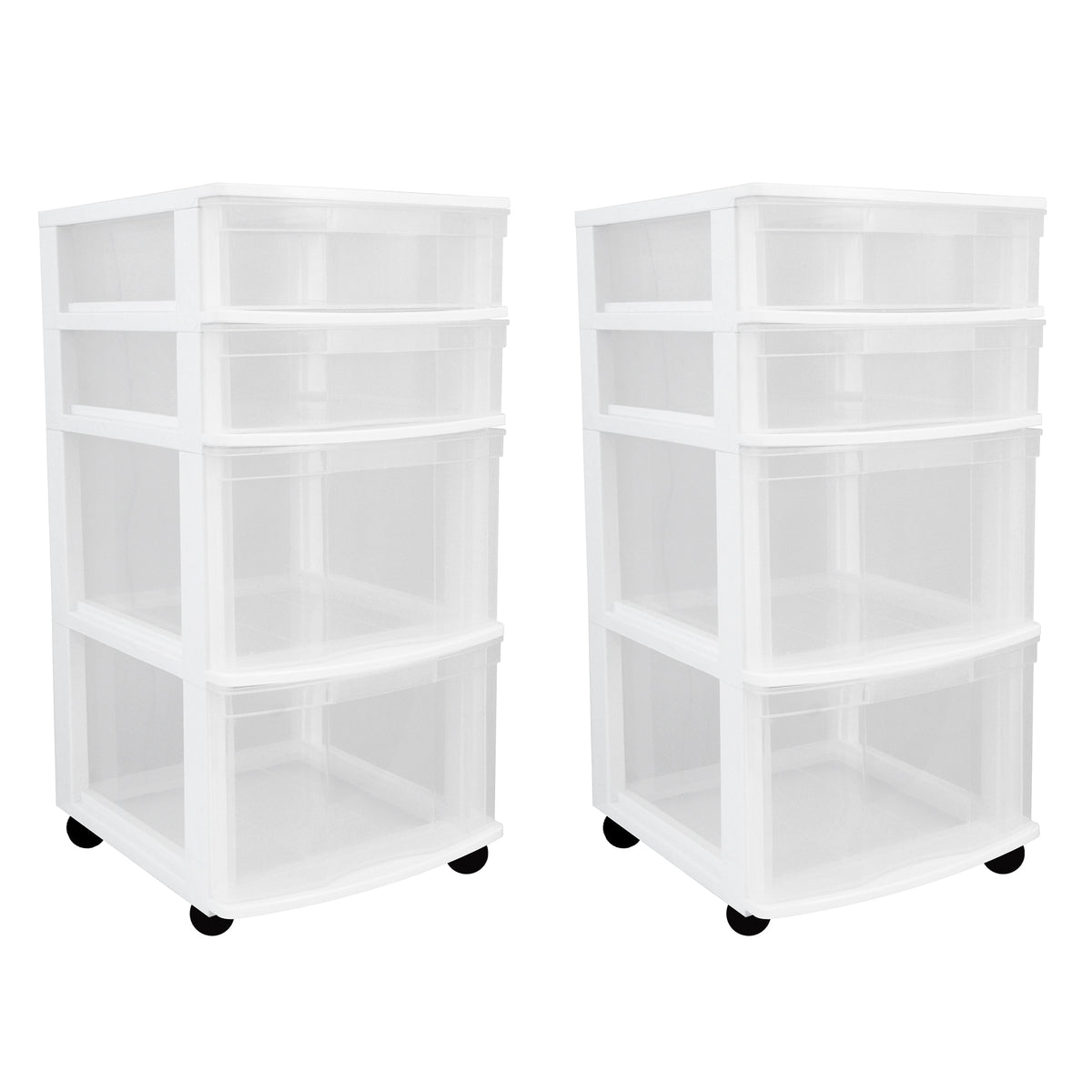 Gracious Living Clear 4 Drawer Storage Chest System w/Casters, White (2 Pack)