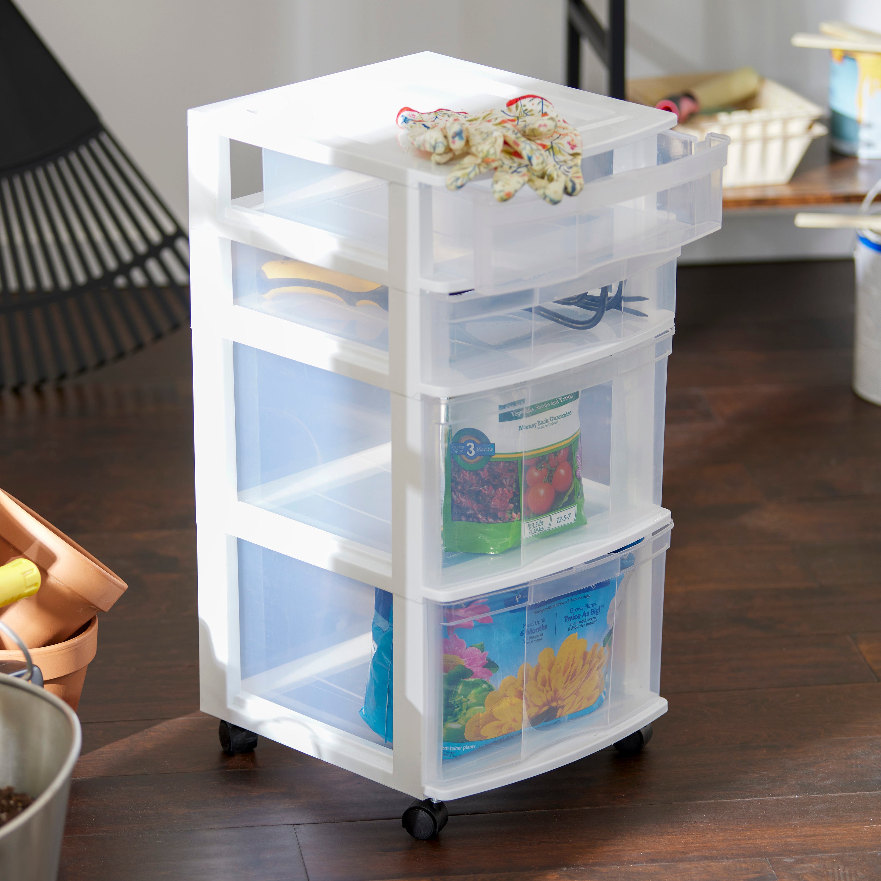 Gracious Living Resin Clear 4 Drawer Storage Chest System with Casters, White - VMInnovations