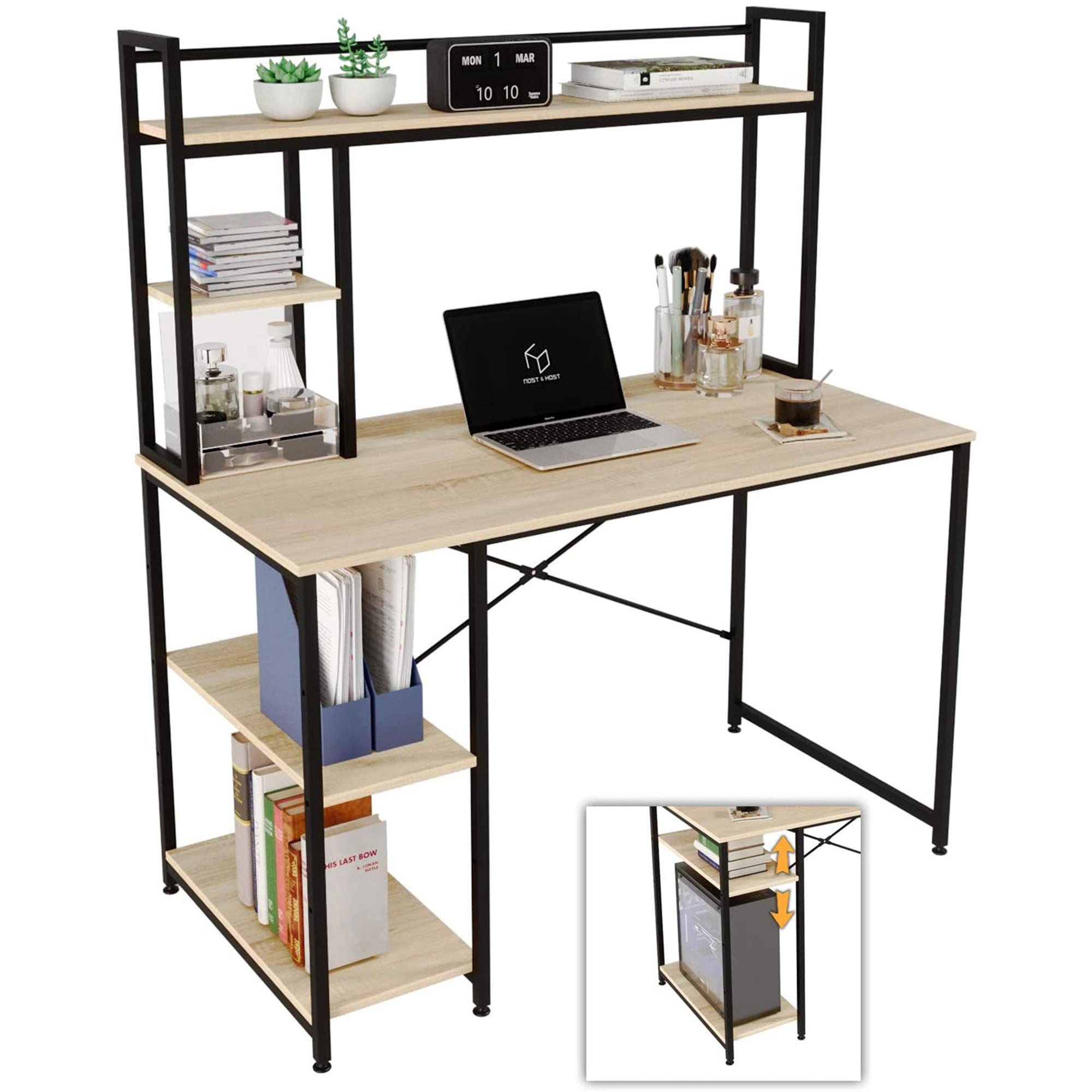Nost & Host 47.2 Inch Modern Home Office Study Desk with 2 Tier Shelves, Oak - VMInnovations