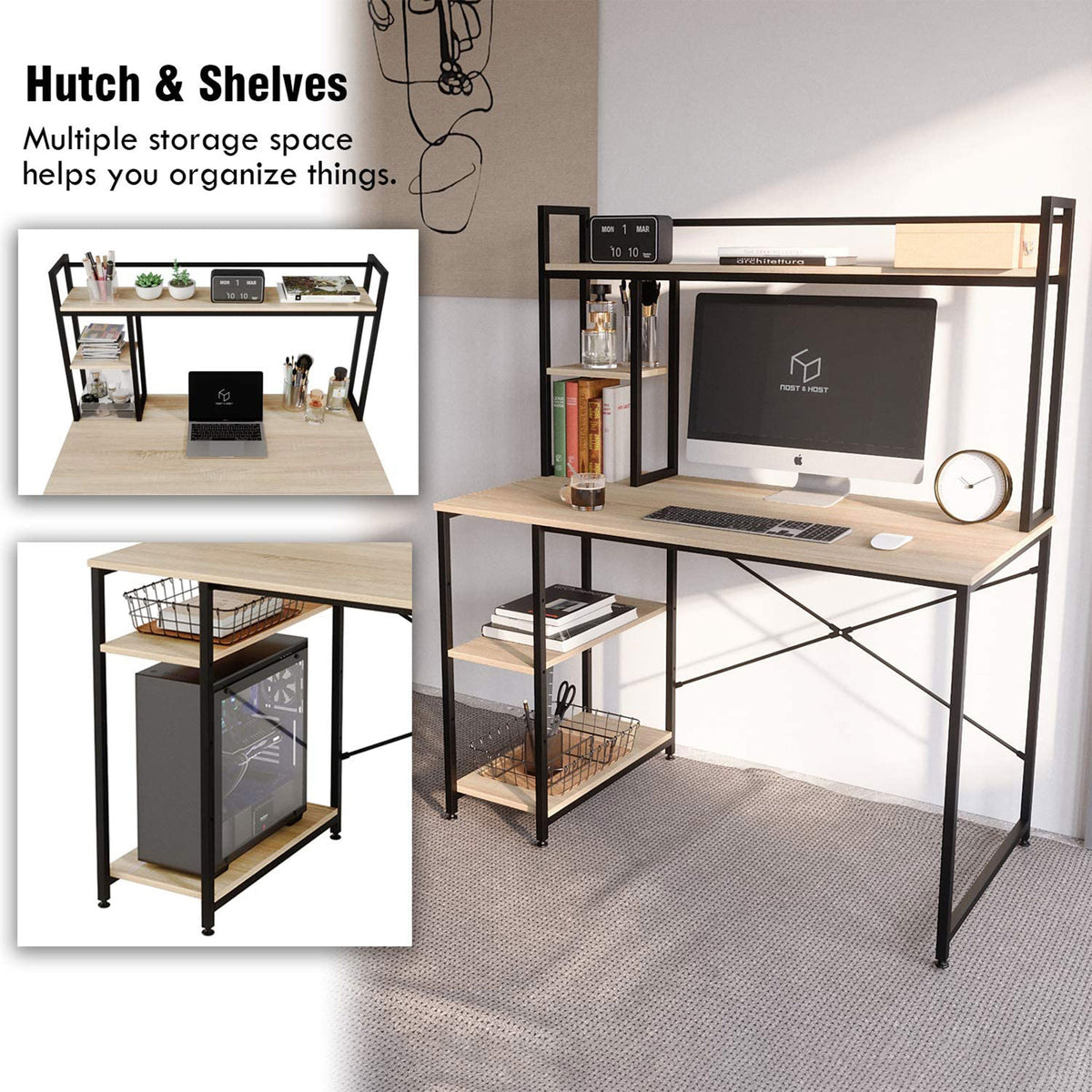 Nost & Host 47.2 Inch Modern Home Office Study Desk with Shelves, (For Parts)