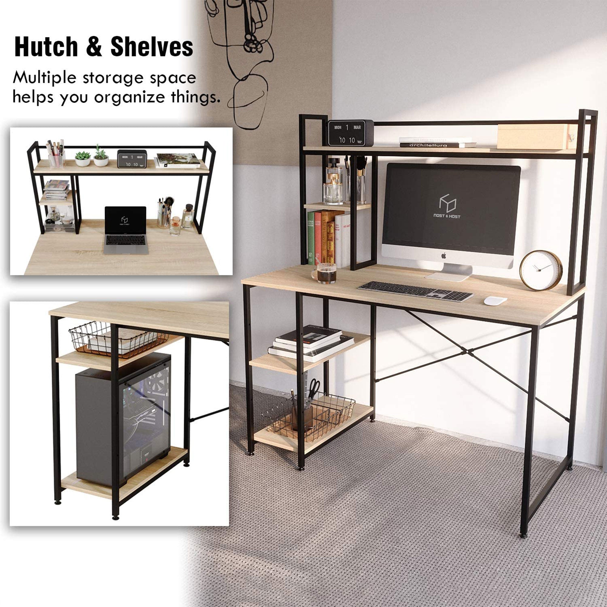 Nost & Host 47.2 Inch Modern Home Office Study Desk with 2 Tier Shelves, Oak - VMInnovations