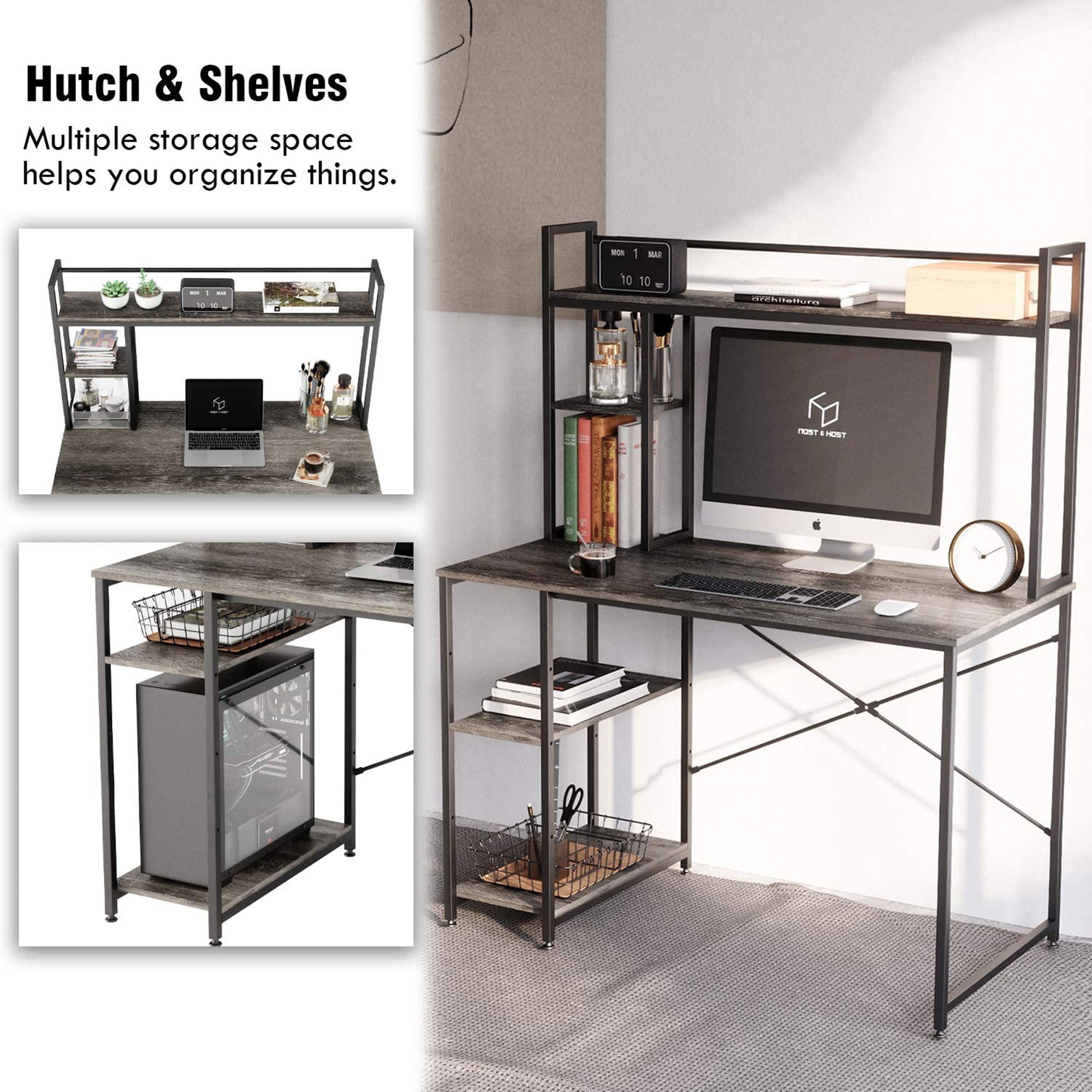 Nost & Host 47.2" Modern Home Office Study Desk w/ 2 Tier Shelves, Gray (Used) - VMInnovations