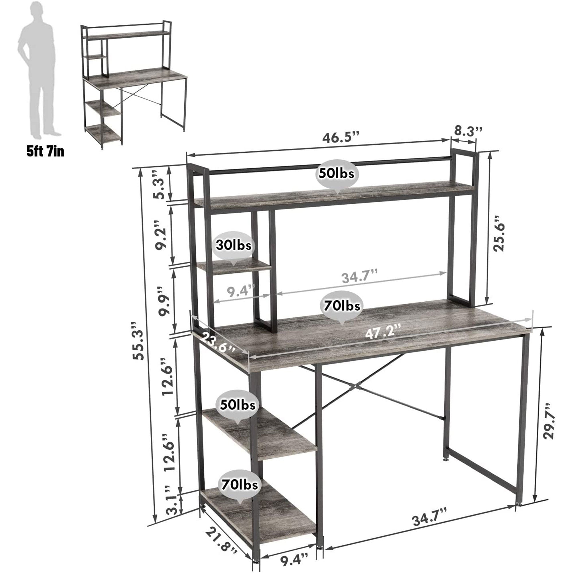 Nost & Host 47.2in Home Office Study Desk with 2 Tier Shelves, Gray (For Parts) - VMInnovations