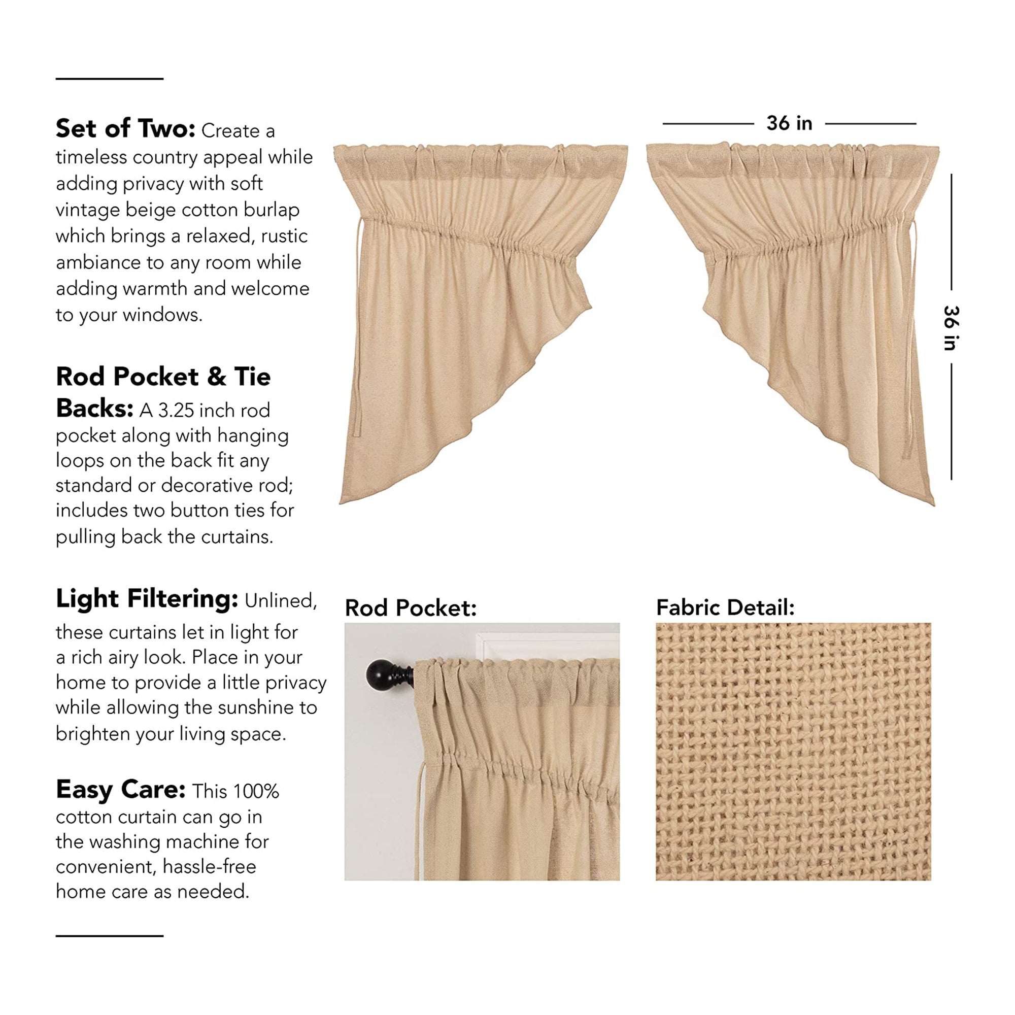 VHC Brands Burlap Cotton Window Curtain Prairie Swag Set (2 Panels) (Open Box) - VMInnovations