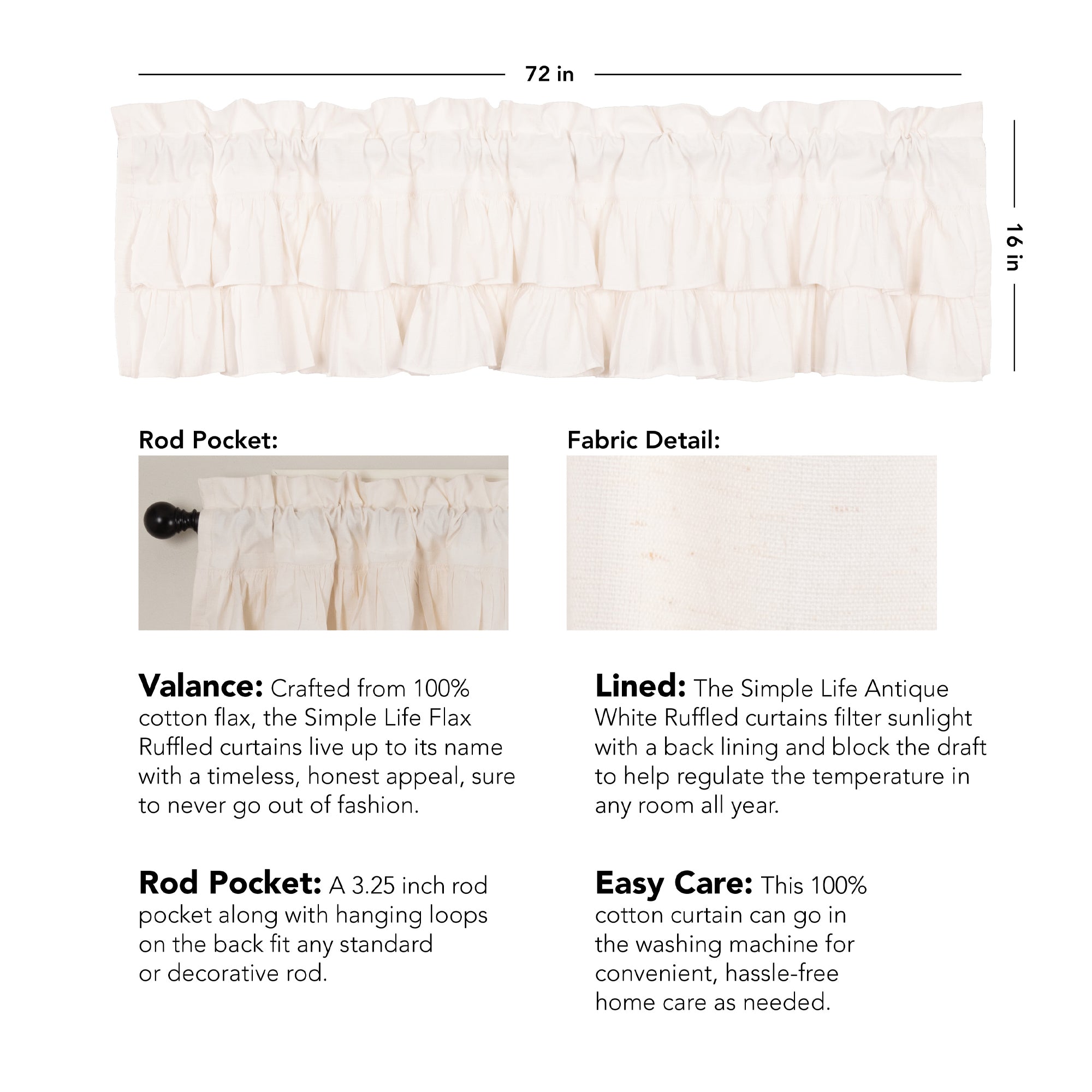 VHC Brands Simple Life 16 x 72 In Ruffled Valance Accent Curtain (Open Box) - VMInnovations