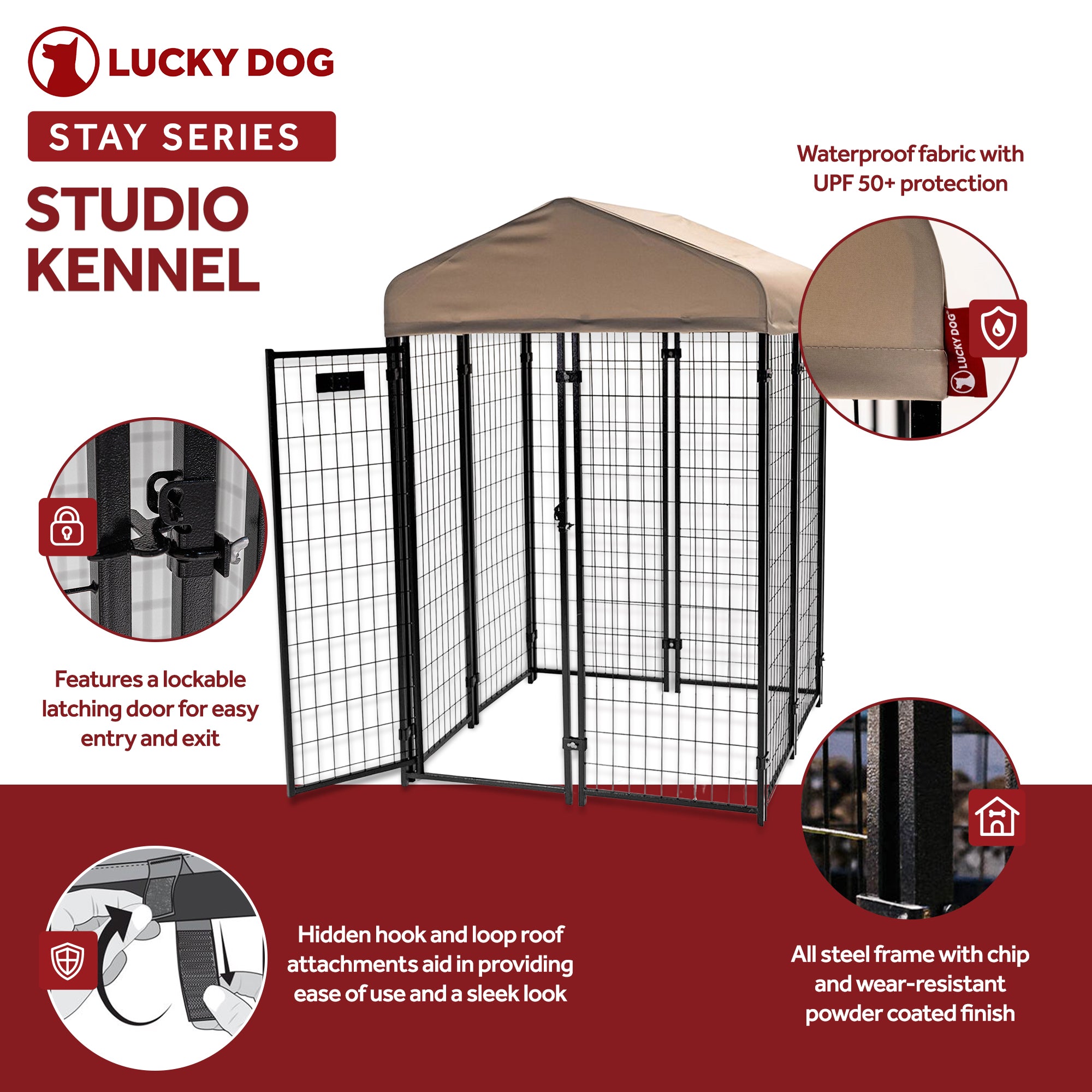 Lucky Dog 4x4x6 Ft Roofed Steel Frame Studio Dog Kennel, Khaki (For Parts)