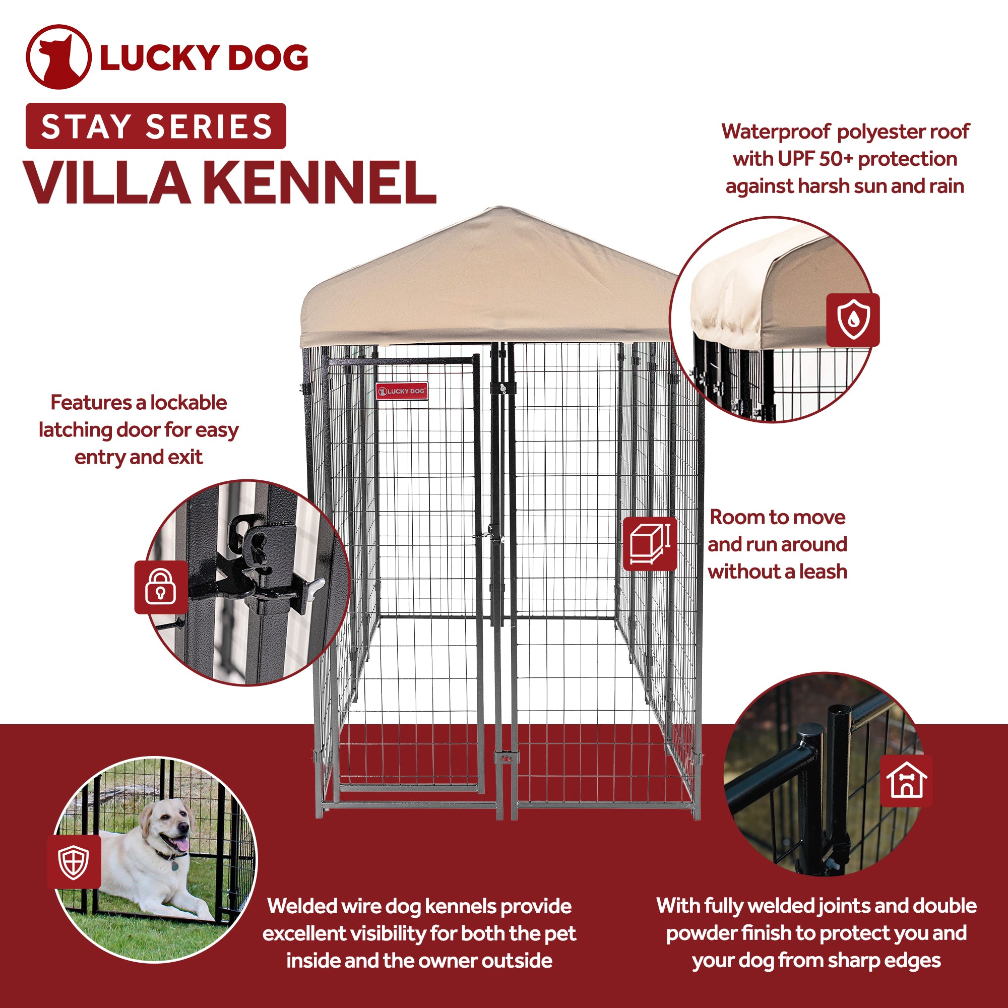 Lucky Dog STAY 4x8x6 Foot Roofed Steel Frame Villa Dog Kennel, Khaki (Used) - VMInnovations