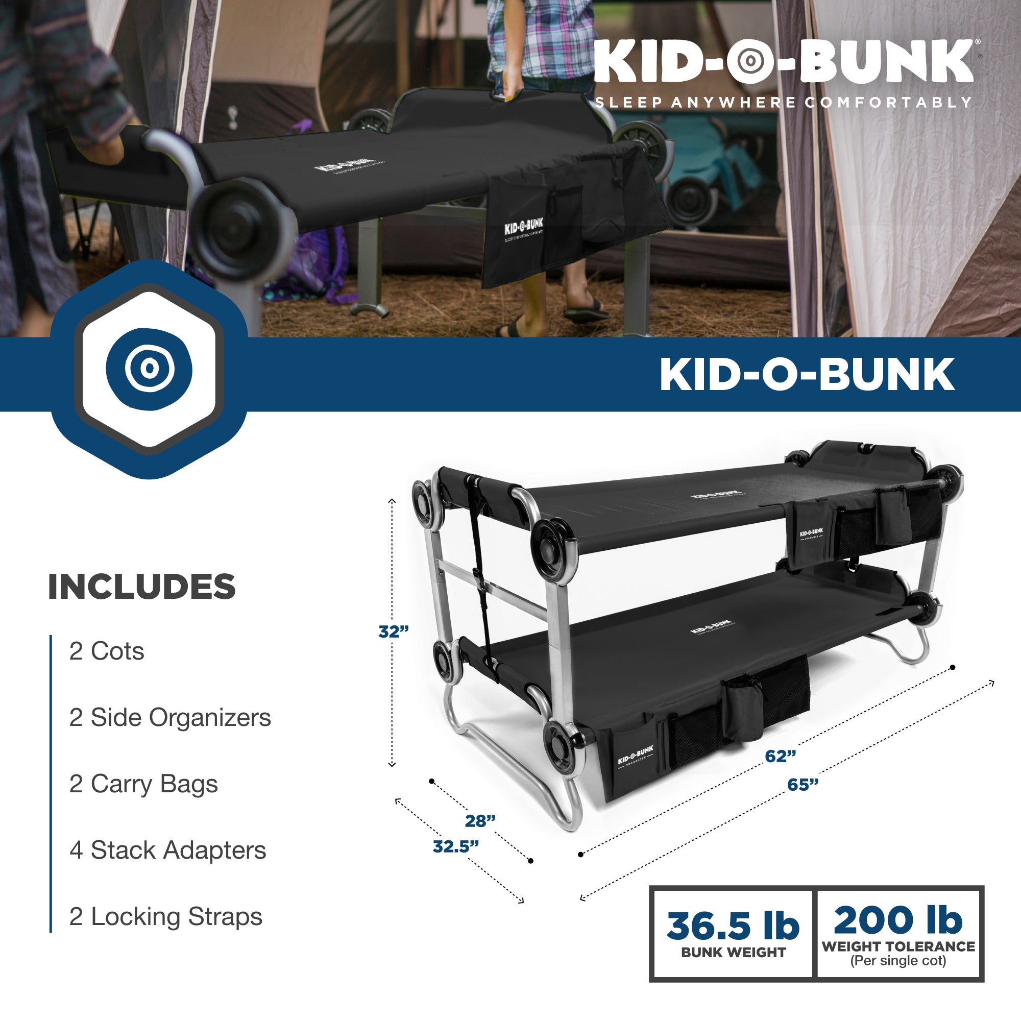 Disc-O-Bed Kid-O-Bunk Benchable Double Cot w/Storage Organizers,Black(For Parts) - VMInnovations