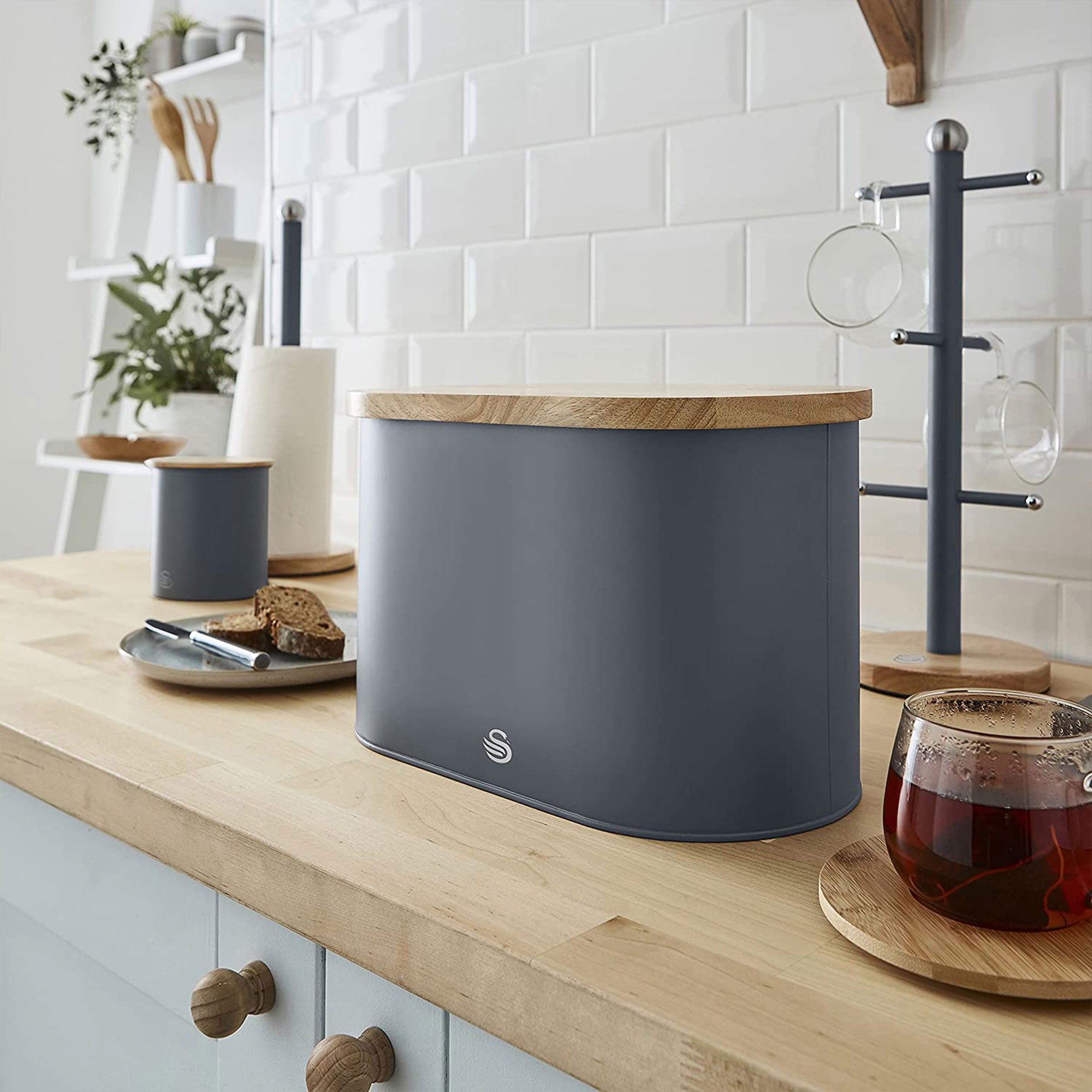Salton Kitchen Nordic Steel Bread Bin w/ Cutting Board Lid, Slate Gray(Open Box) - VMInnovations