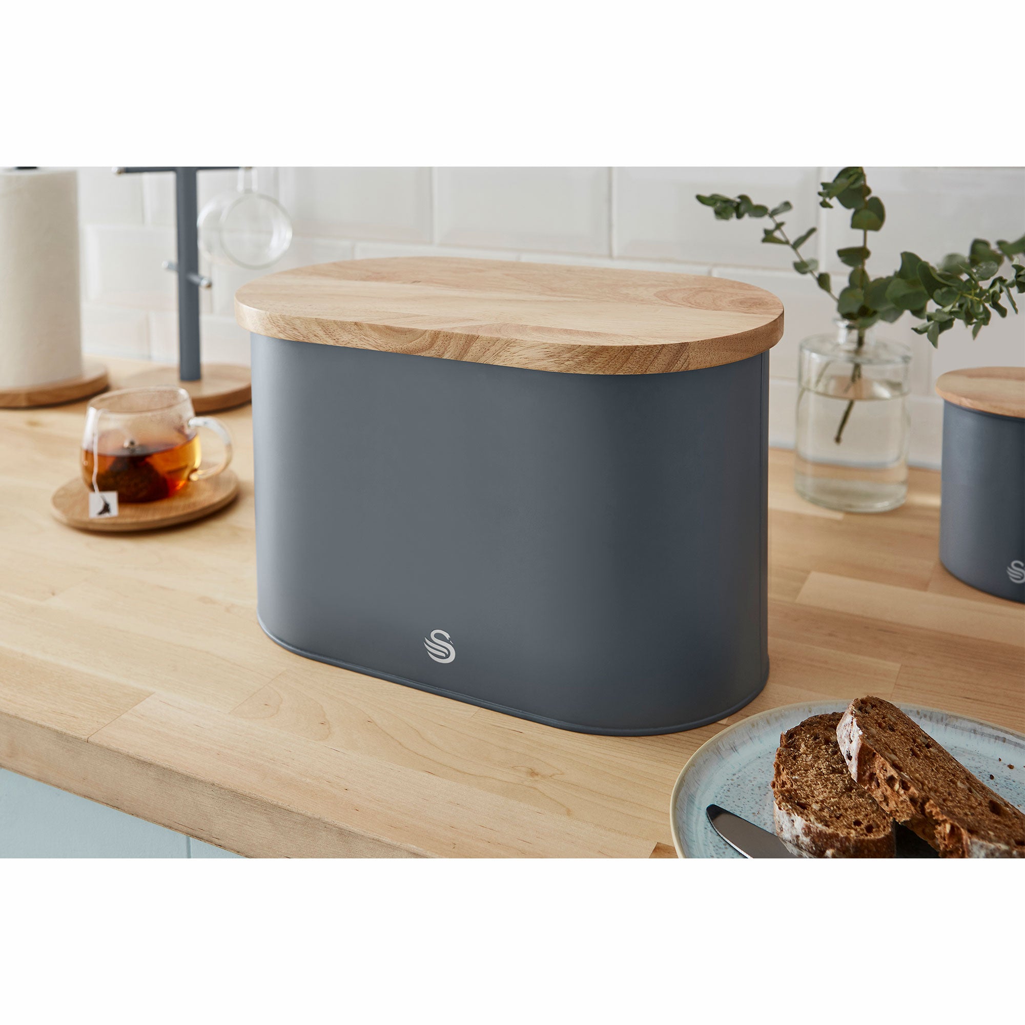 Salton Kitchen Nordic Steel Bread Bin w/ Cutting Board Lid, Slate Gray(Open Box) - VMInnovations