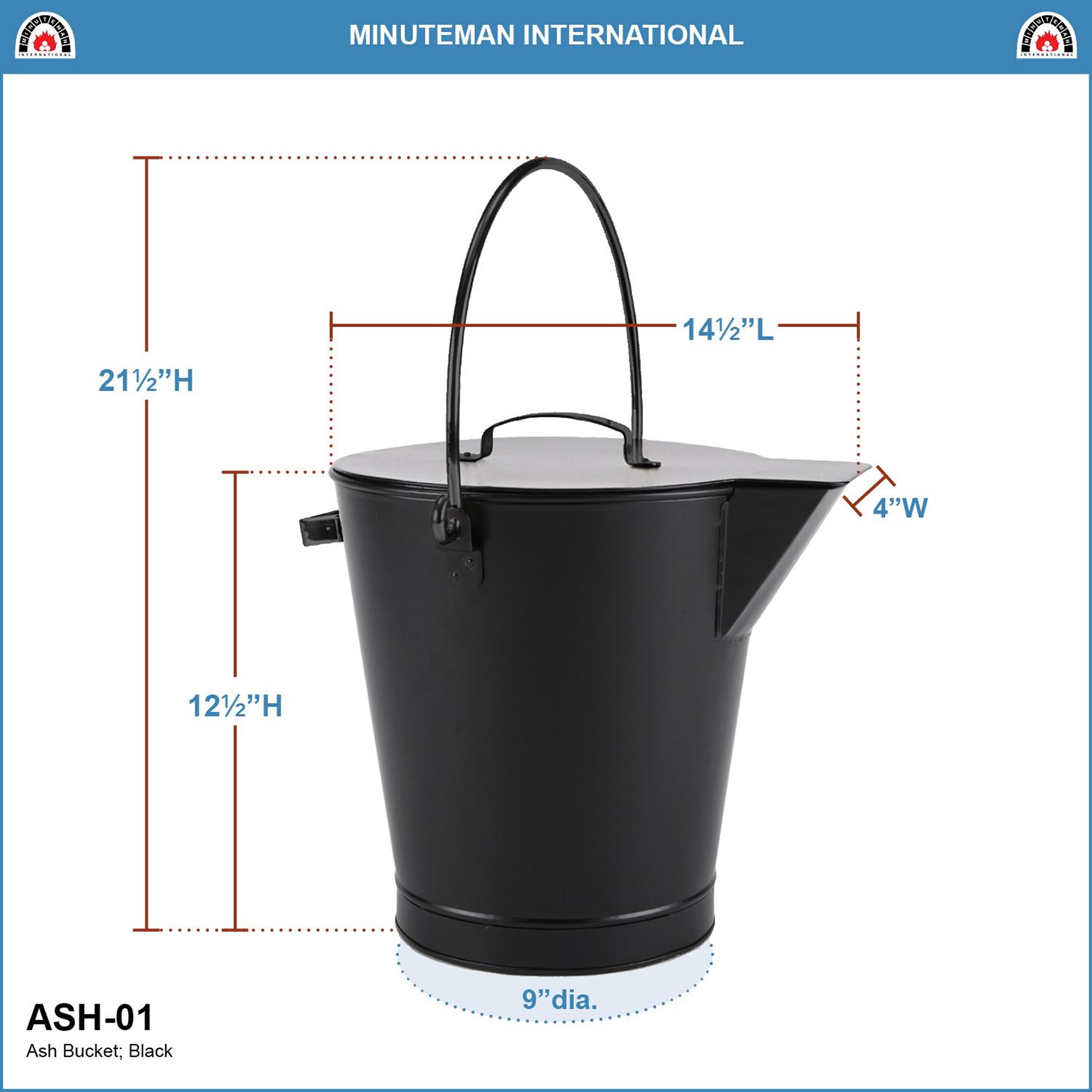 Minuteman International Powder Coated Steel Ash Bucket Pail w/ Handle, All Black (Refurbished)