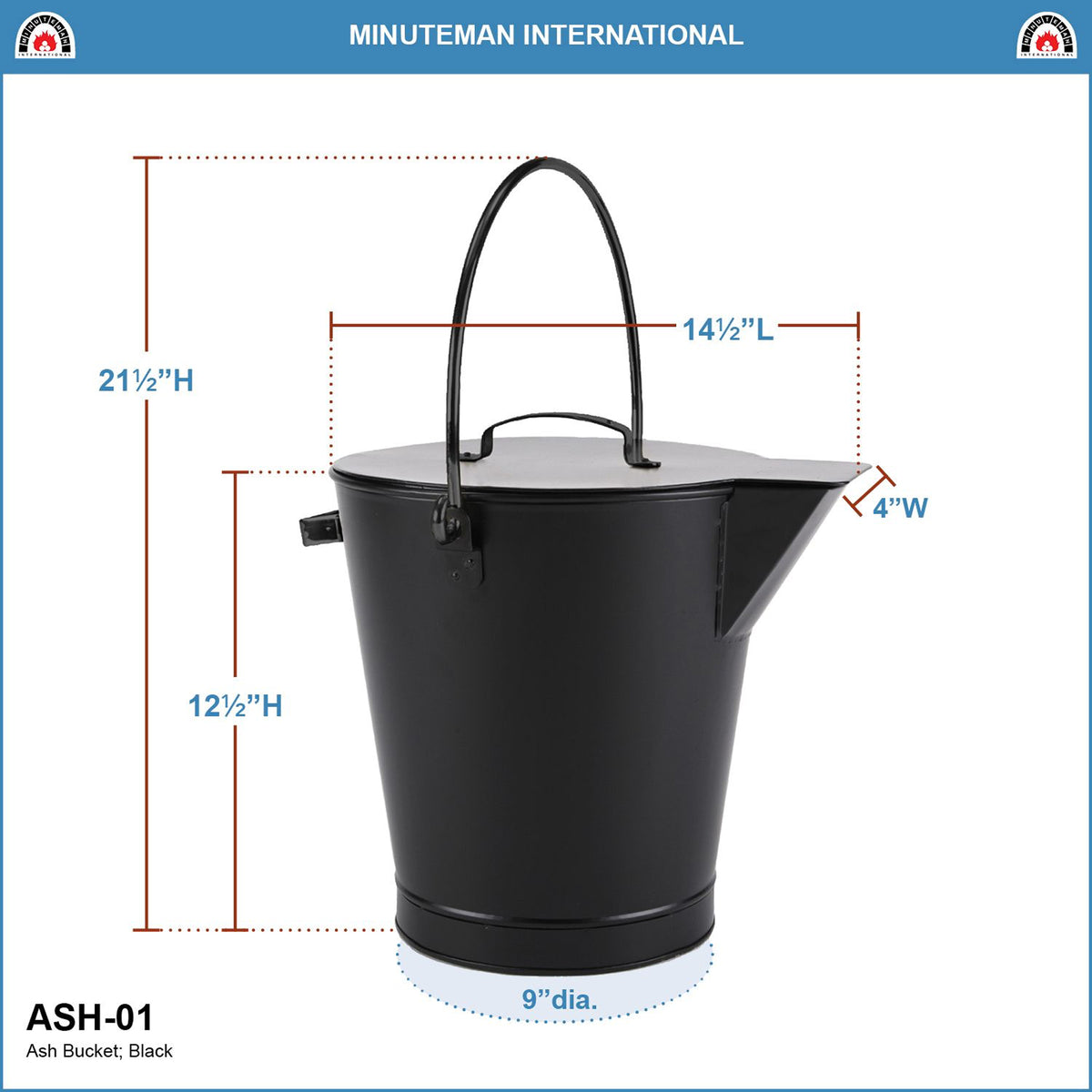 Minuteman International Powder Coated Steel Ash Bucket Pail w/ Handle, All Black