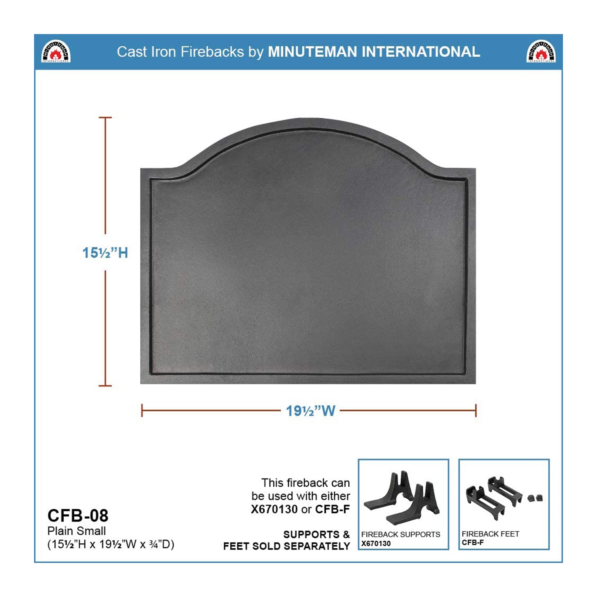 Minuteman International CFB-08 Cast Iron Plain Fireplace Fireback, Small, Black