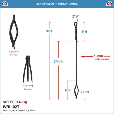 Minuteman International Iron Rope Handle Long Fireplace Tongs Single Tool, Black