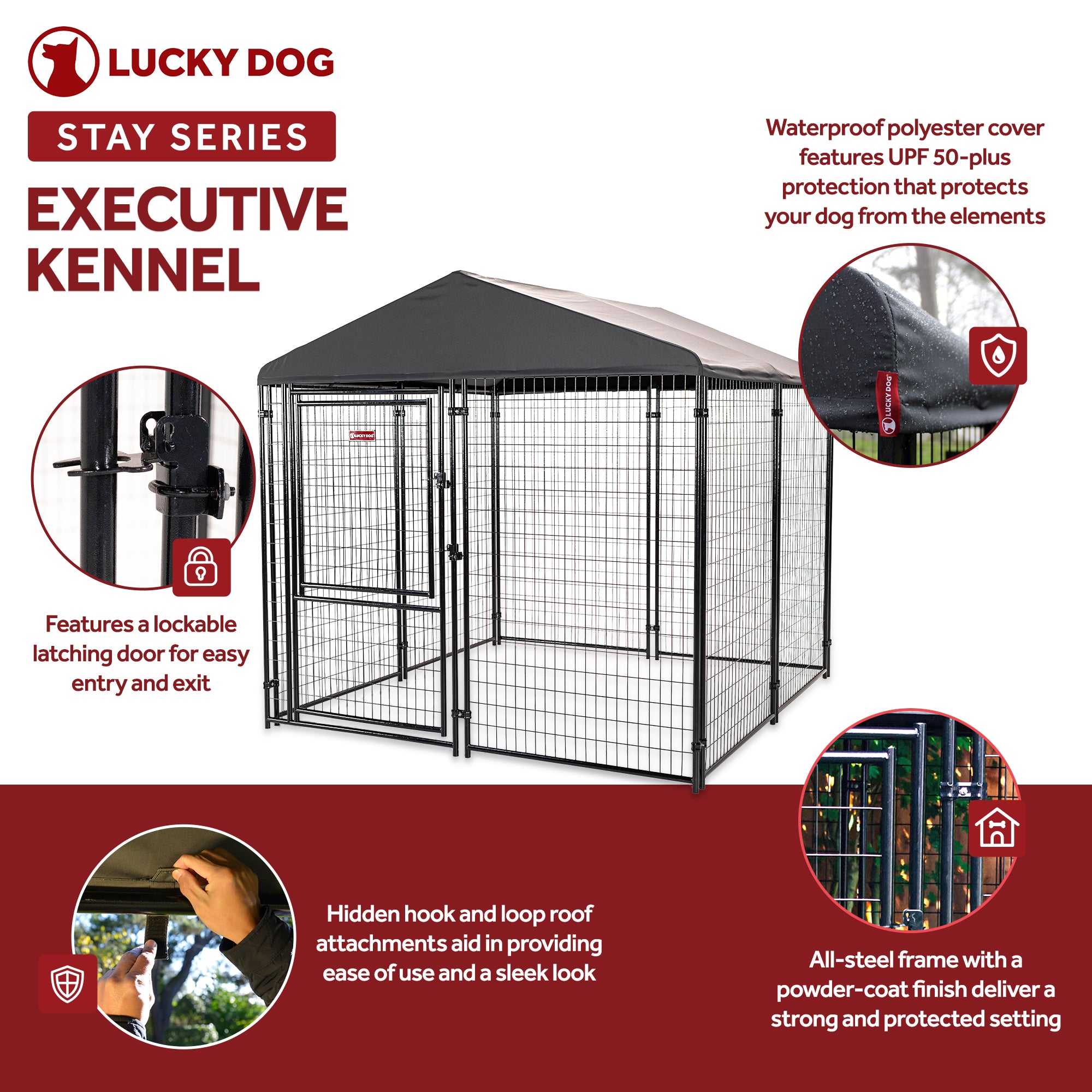 Lucky Dog STAY Series 8 x 8 x 6 Foot Roofed Steel Frame Executive Dog Kennel - VMInnovations