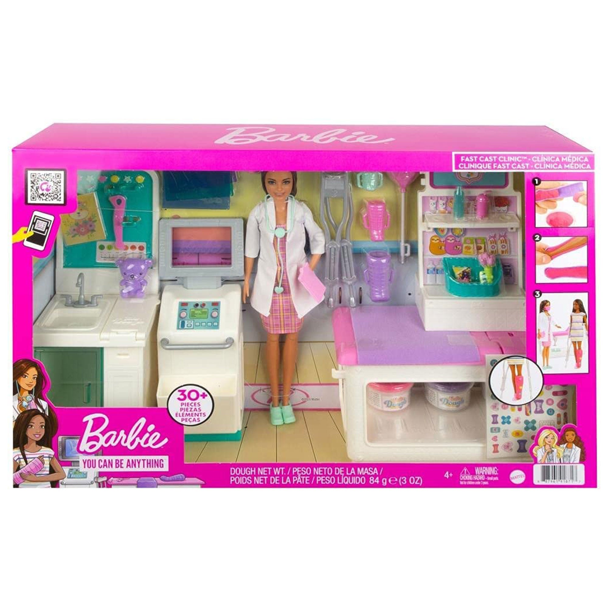 Barbie Fast Cast Clinic set w/ Brunette Barbie Doctor Doll, 4 Play Areas (Used)