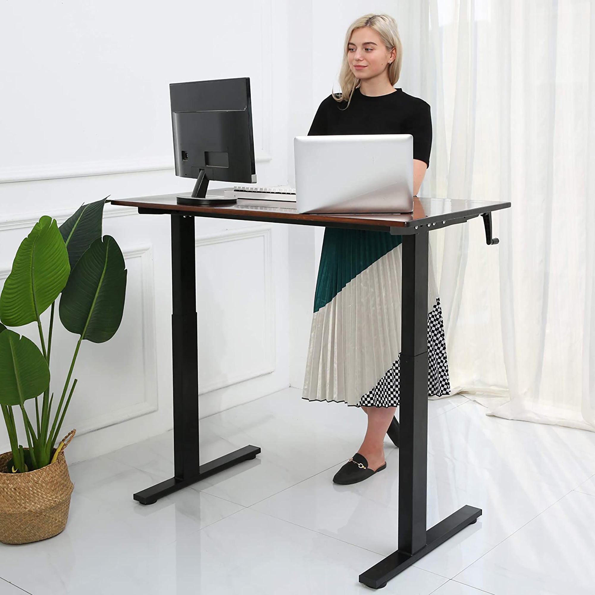 SDADI Adjustable Steel Frame Standing Desk, Crank Adjust, Black/Teak (For Parts)