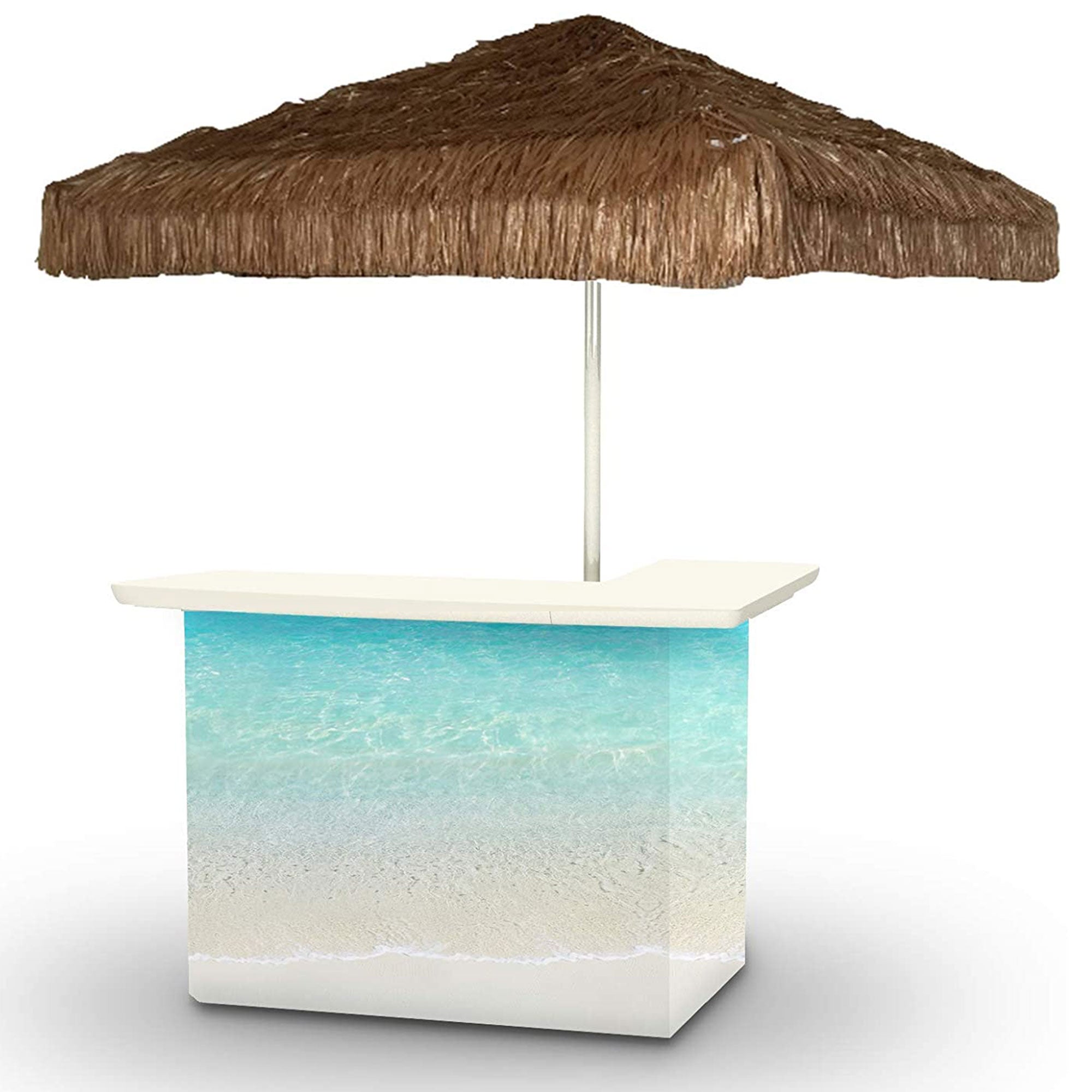 Best of Times Portable L Shaped Patio Table and Thatched Tiki Umbrella, Beach