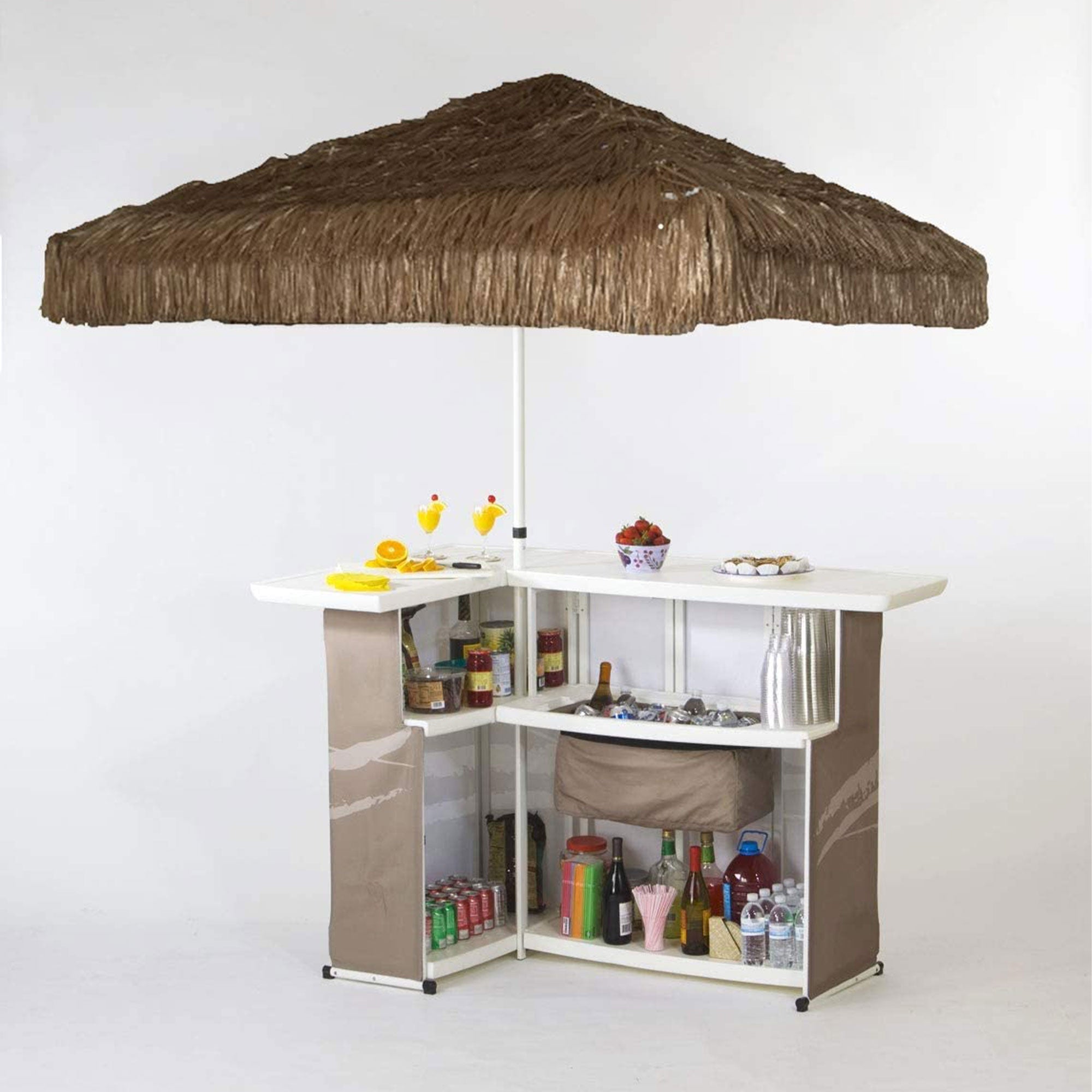 Best of Times Portable L Shaped Patio Table and Thatched Tiki Umbrella, Beach