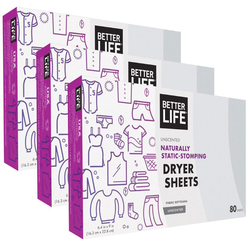 Better Life Hypoallergenic Natural Plant Based Dryer Sheets, Unscented, (3 Pack)