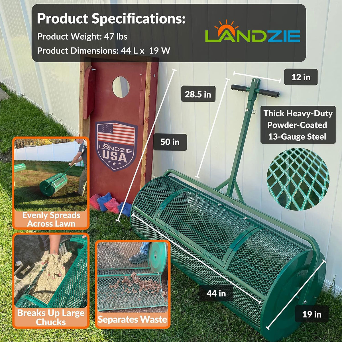 Landzie 44 Inch Metal Basket Lawn and Garden Topdressing Yard Spreader(Open Box) - VMInnovations