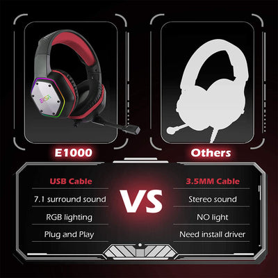 EKSA RGB USB Gaming Headset, Red, and S100 Headphones with Microphone, Black