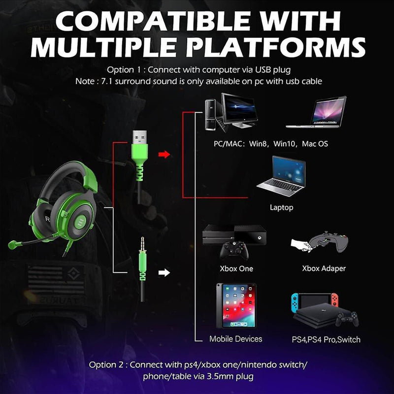 EKSA Gaming Headset for PC, Xbox, PS4, and PS5 with Detachable Microphone, Green