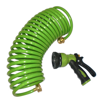 Centurion 25 Foot Coil Polyurethane Hose with 6 Way Multi Pattern Nozzle, Green