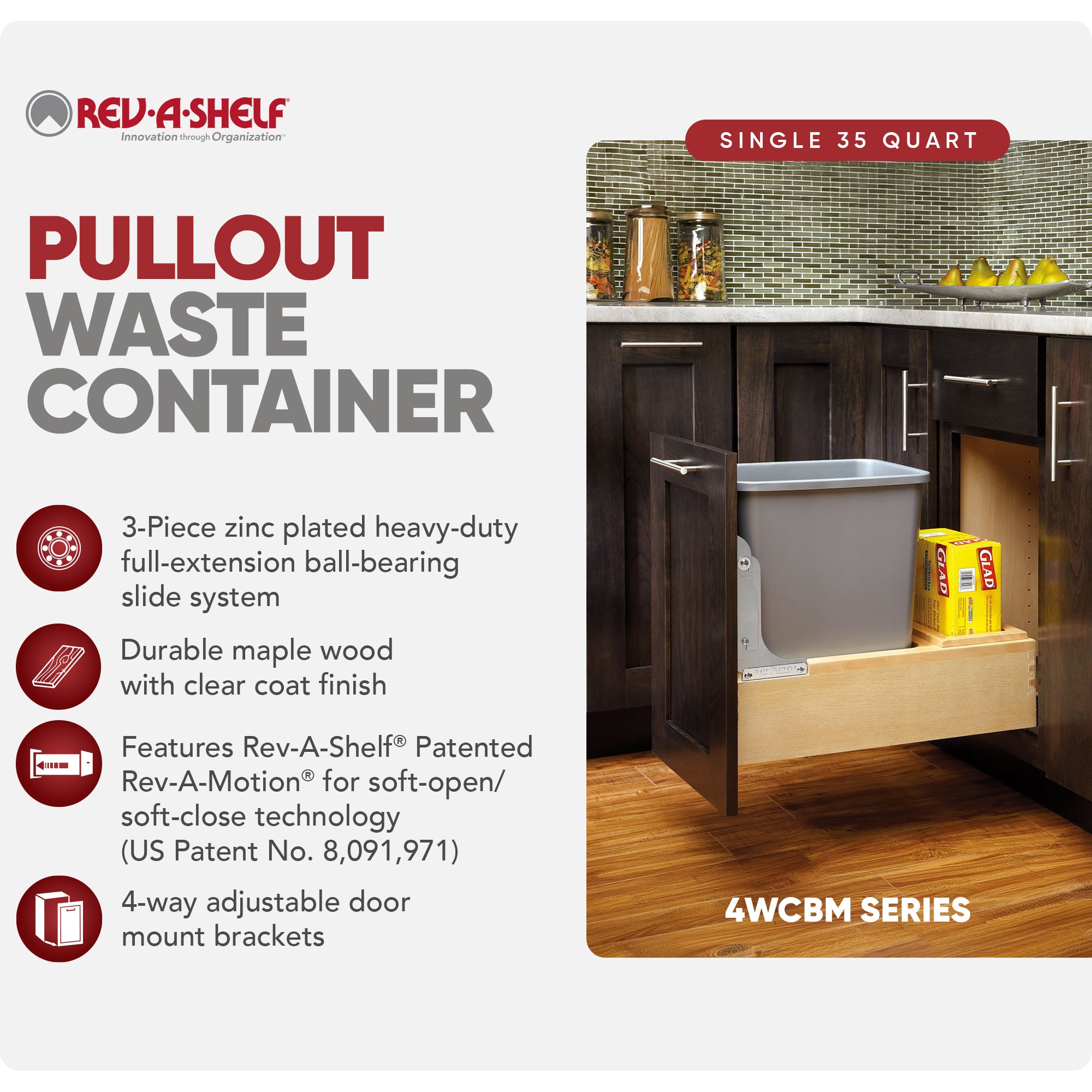 Rev-A-Shelf Pullout Trash Can 35 qt. w/Soft-close Soft-open, 4WCBM-15DM-1 - VMInnovations