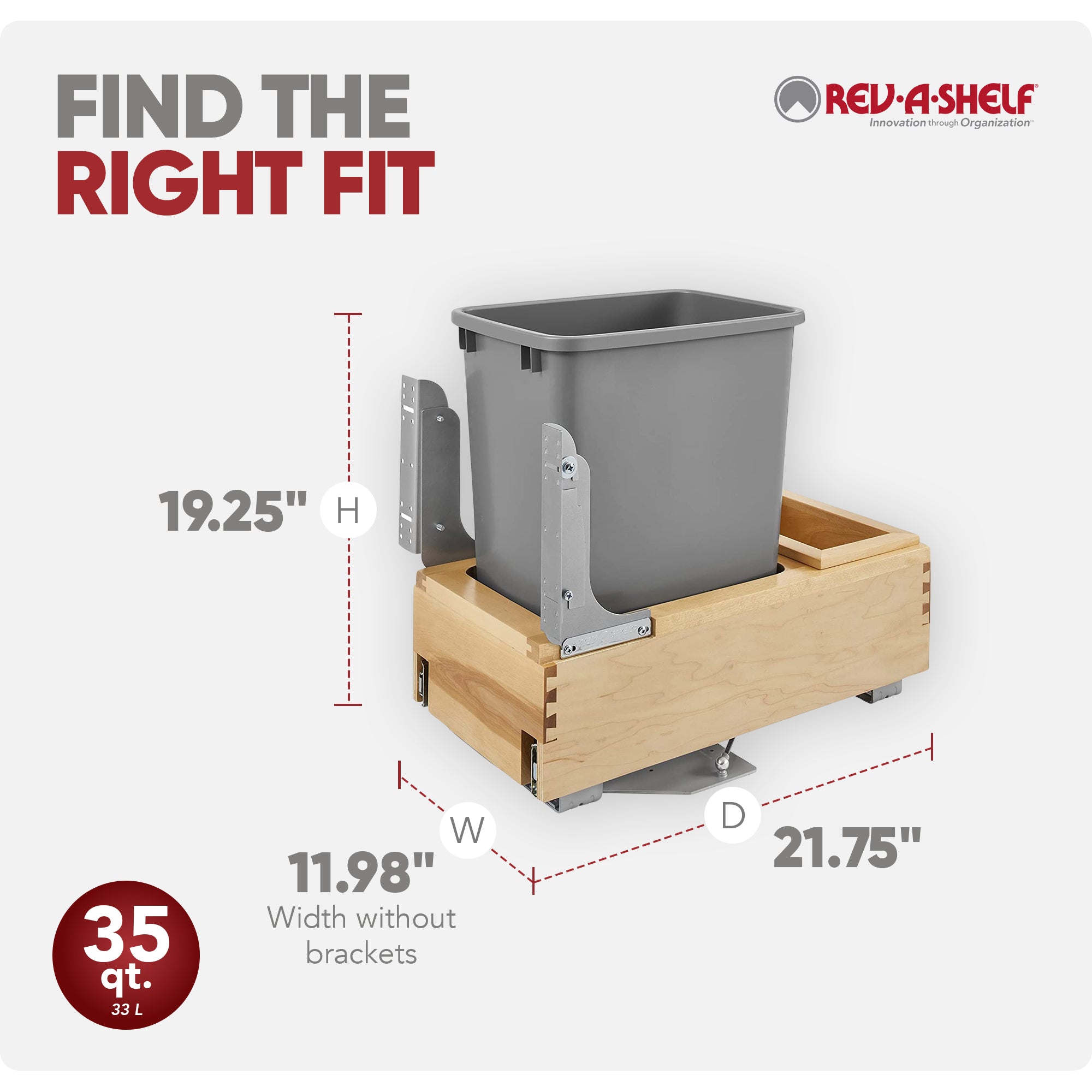 Rev-A-Shelf Pullout Trash Can 35 qt. w/Soft-close Soft-open, 4WCBM-15DM-1 - VMInnovations