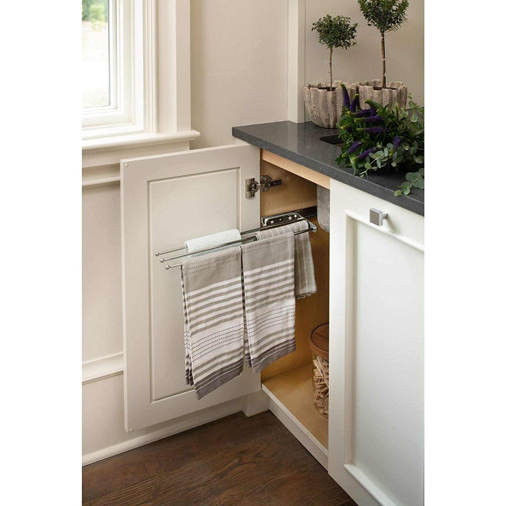 Rev-A-Shelf Pullout Dish Towel Bar Under Kitchen Cabinet 3 Prong, White, 563-47 - VMInnovations