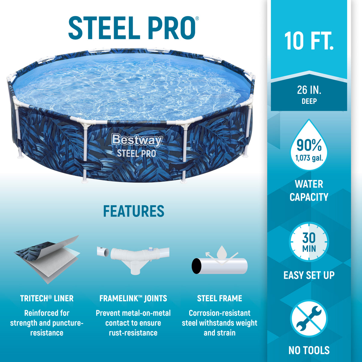 Bestway Steel 10' Diameter 26" Height 1,073 Gallon Above Ground Pool (Open Box)