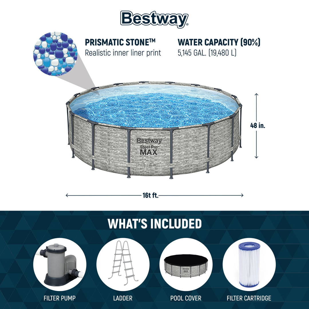 Bestway Steel Pro MAX 16 Foot Round Above Ground Pool Set with 3 Layer Liner - VMInnovations