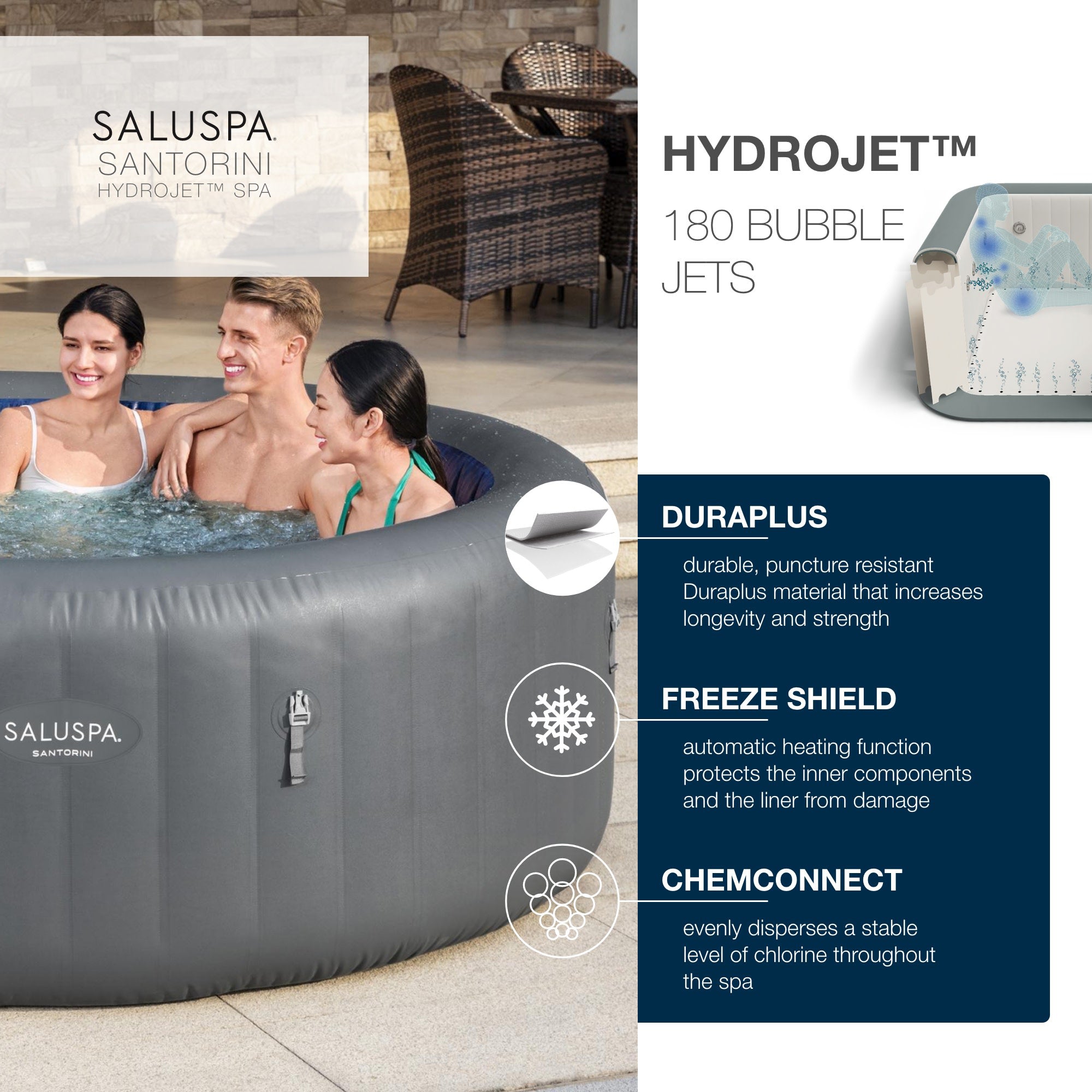 Bestway SaluSpa Santorini HydroJet Inflatable with 180 Soothing Jets, Gray