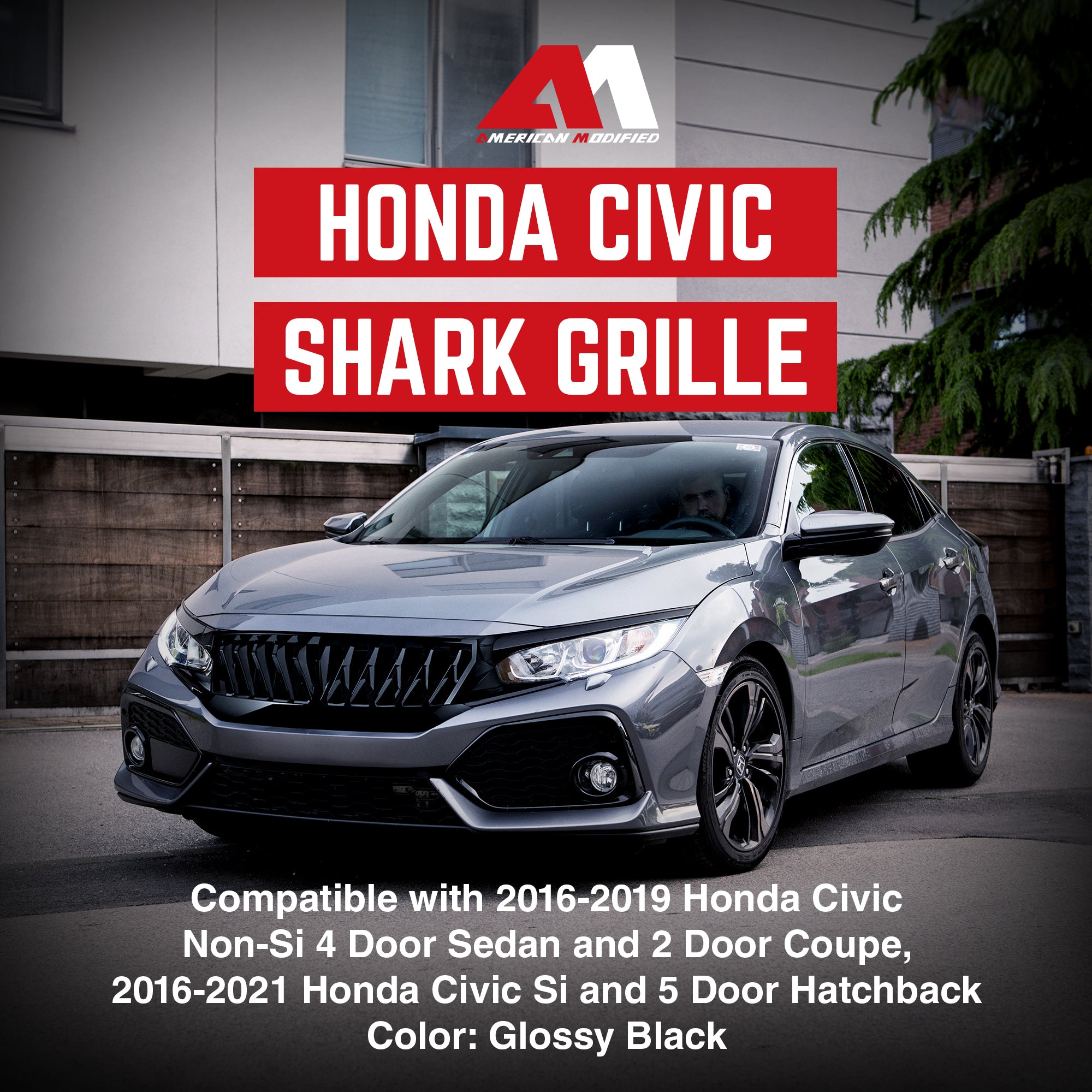 American Modified Front Shark Grille for '16-'21 Honda Civic Models (Open Box) - VMInnovations