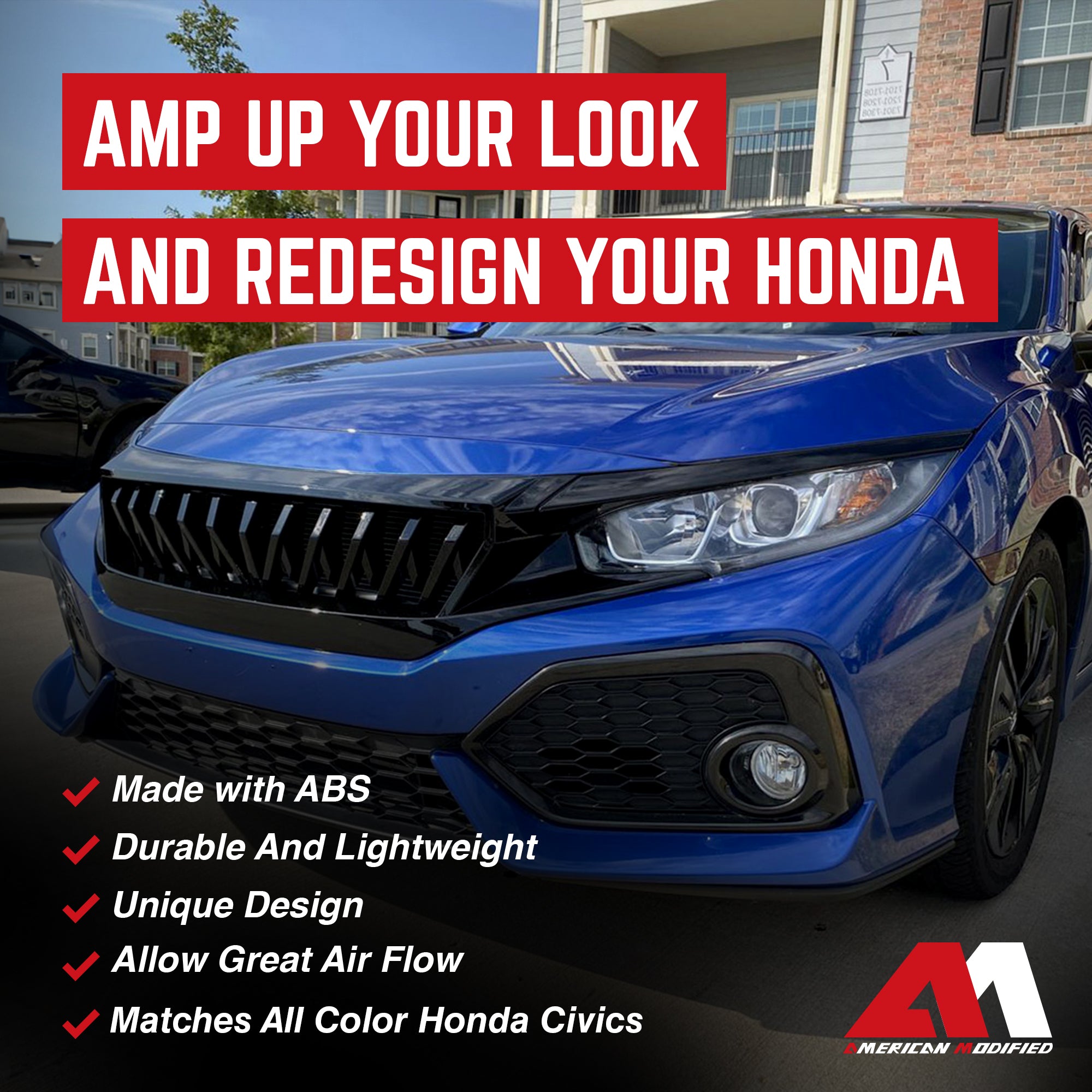 American Modified Front Shark Grille for '16-'21 Honda Civic Models (Open Box) - VMInnovations