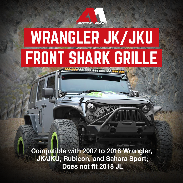 American Modified Front Shark Grille for 2007 to 2018 Jeep Models, Matte Black - VMInnovations