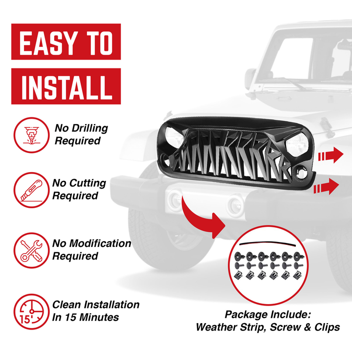 American Modified Front Shark Grille for 2007 to 2018 Jeep Models, Matte Black - VMInnovations