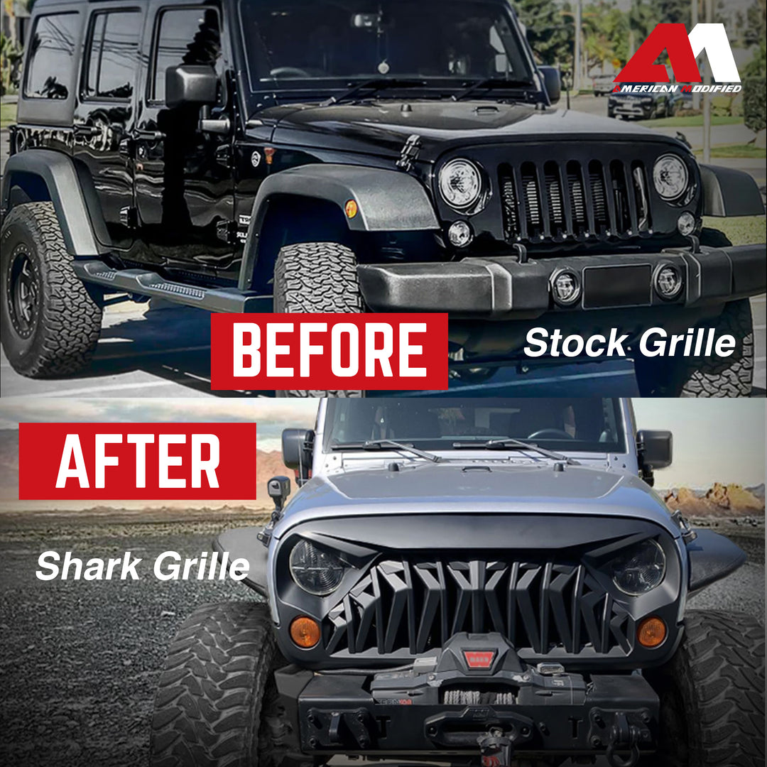 American Modified Front Shark Grille for 2007 to 2018 Jeep Models, Matte Black - VMInnovations