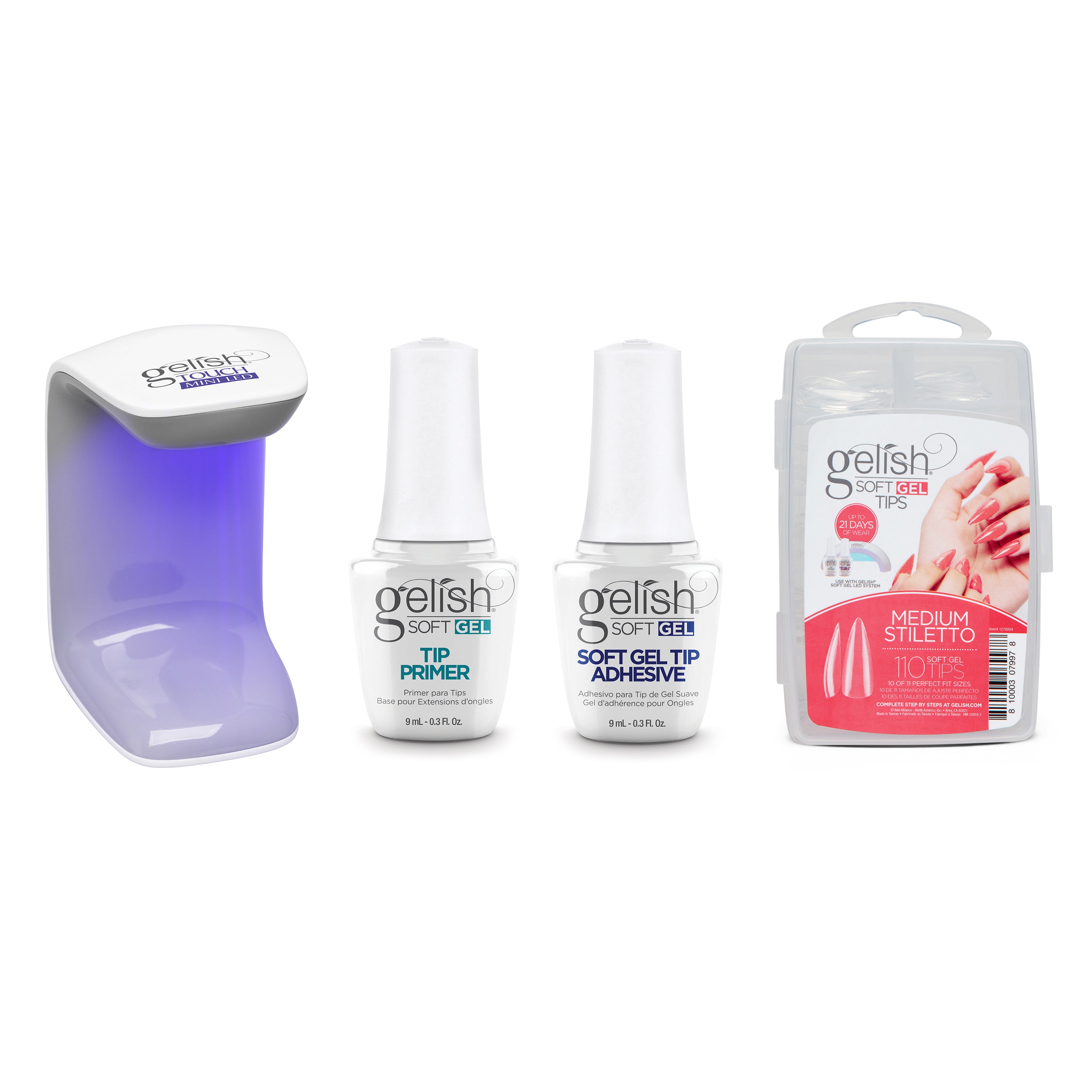 Gelish Soft Gel 110 Count Medium Stiletto Tip Intro Kit with Mini LED Light - VMInnovations
