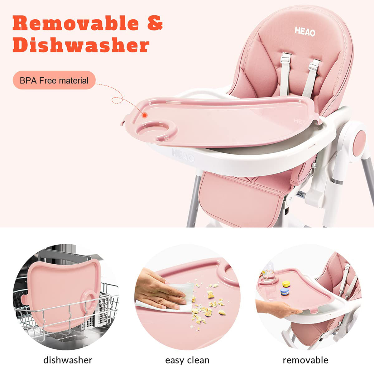 HEAO Adjustable Reclining Foldable Baby High Chair with Rotating Wheels, Pink - VMInnovations