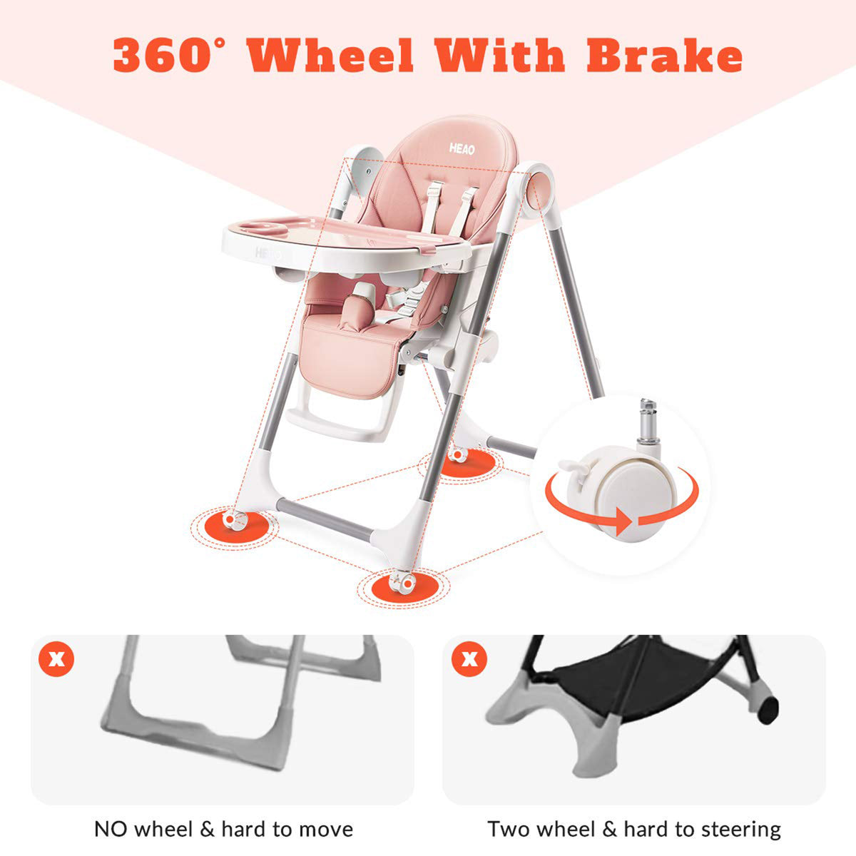 HEAO Adjustable Reclining Foldable Baby High Chair with Rotating Wheels, Pink - VMInnovations